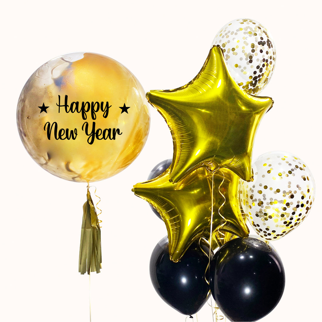 Globo burbuja pintado dorado personalizado Happy New Year, Bouquet con 3 látex negros, 3 estrellas doradas y 2 látex con confeti dorado. Especial para celebrar Año Nuevo.