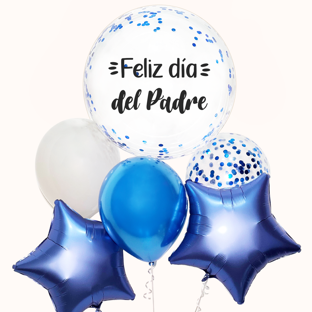 Campaña Corporativa Día del Padre. Sorprende a tu equipo con un arreglo especial que incluye 1 globo burbuja personalizado, 2 globos estrellas metálicas, 3 globos de látex y 1 pesa; una excelente opción para decoraciones corporativas y celebraciones especiales.