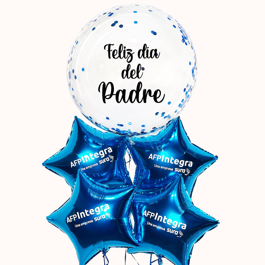 Bouquet corporativo Día del Padre con 1 globo burbuja personalizado y 4 globos estrella personalizados con logo. Diseñado para campañas corporativas día del padre. Creamos bouquets en distintos tamaños y colores según requerimiento.