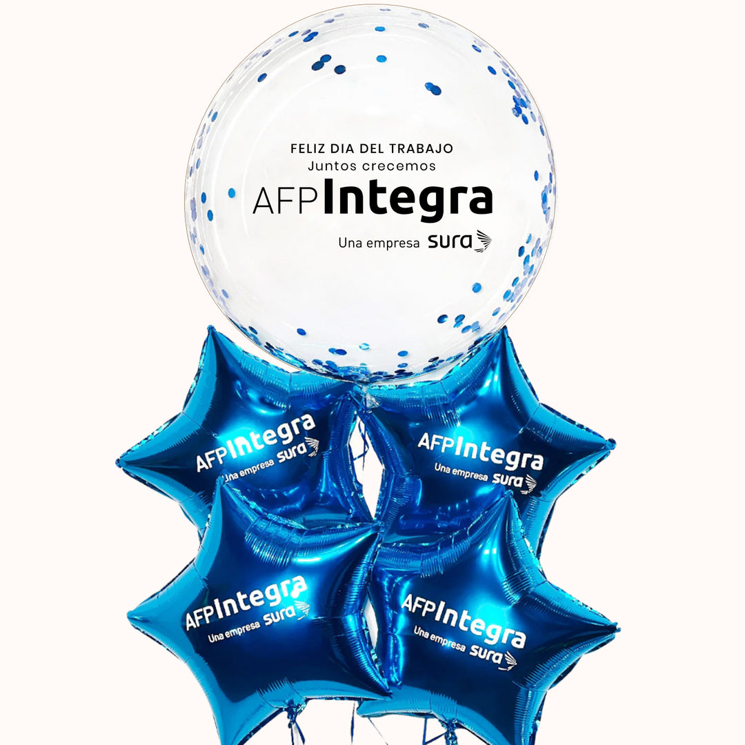Bouquet corporativo con 1 globo burbuja personalizado y 4 globos estrella personalizados con logo. Diseñado para campañas corporativas día del trabajo. Creamos bouquets en distintos tamaños y colores según requerimiento.