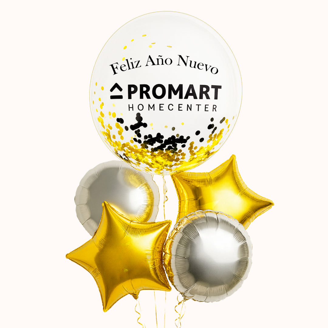 Bouquet de 1 globo burbuja con confeti dorado, 2 globos estrellas dorada y 2 globos circulos plata. Ideal para celebrar año nuevo. y difundir la marca.