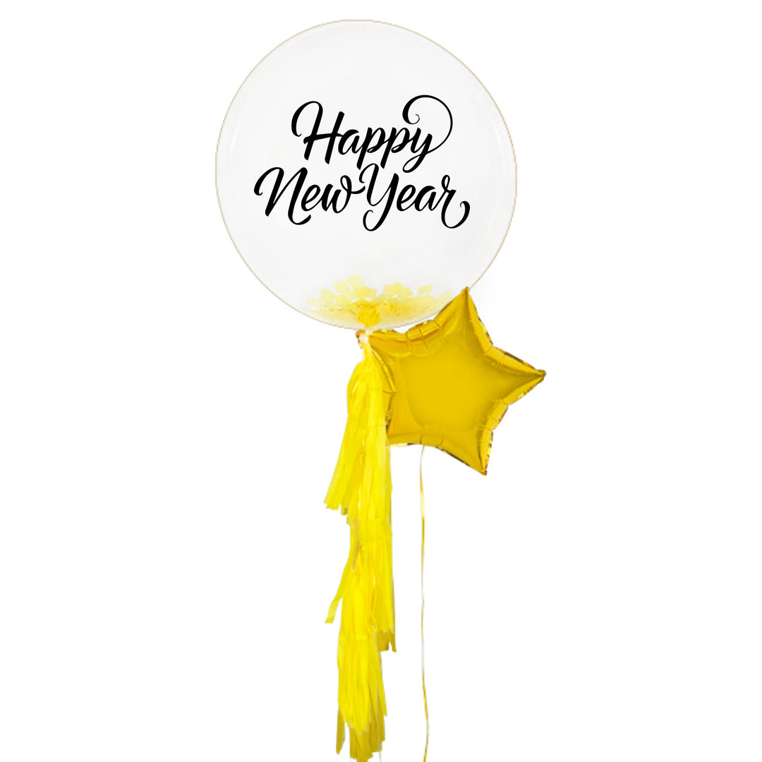 Bouquet de globo burbuja transparente con papel seda amarillo con mensaje Happy New year, inflado con helio, acompañado de 1 estrella dorada. y lindo flequillo de papel seda amarillo.