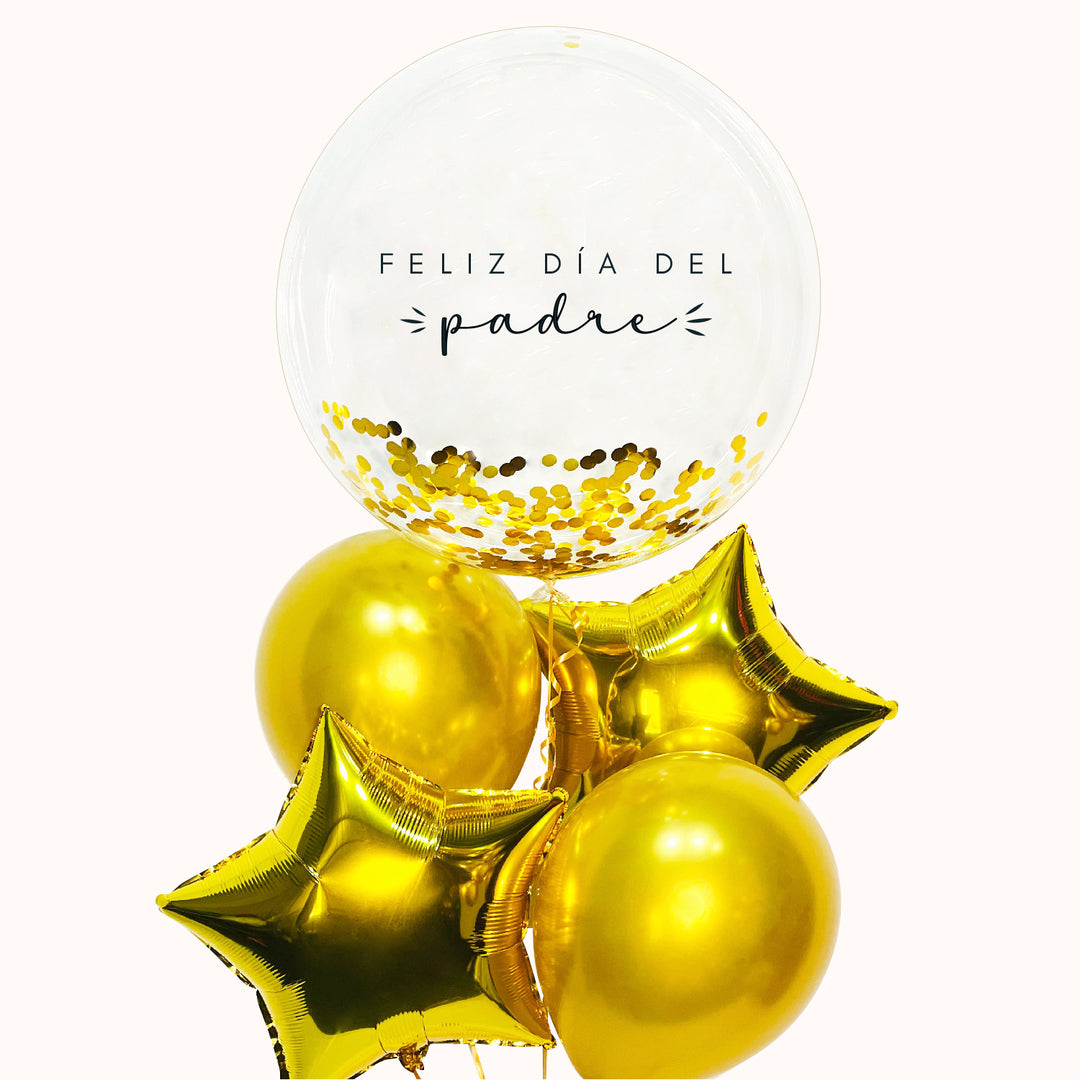 Ramo de 5 globos: 1 burbuja transparente con confeti dorado, 2 globos de látex dorados y 2 globos estrella dorados. Inflados con helio puro, ideal para celebrar el día del padre o cualquier ocasión especial.