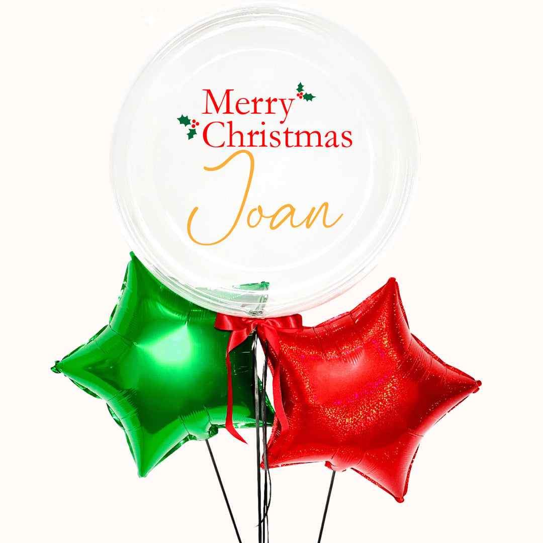 Genera impacto con globos corporativos con logo y Merry Christmas Burbuja y 2 globos estrellas. Difunde tu marca. 100% helio puro. La seguridad es nuestra prioridad.