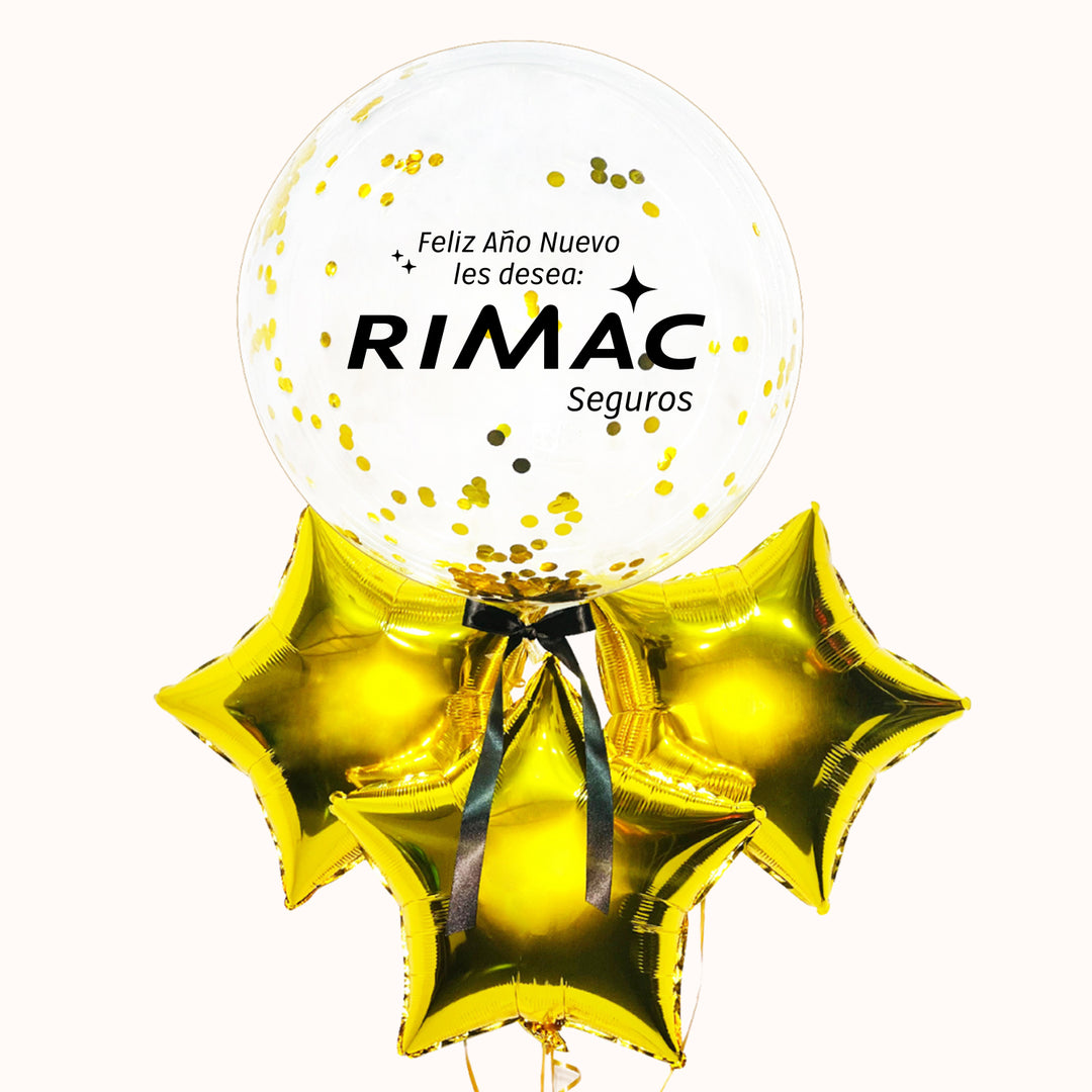 Bouquet corporativo, contiene un globo burbuja personalizado con la marca y 3 globos estrellas metálicas doradas, decorado con un lazo de tela. ideal para celebrar año nueva y difundir tu marca