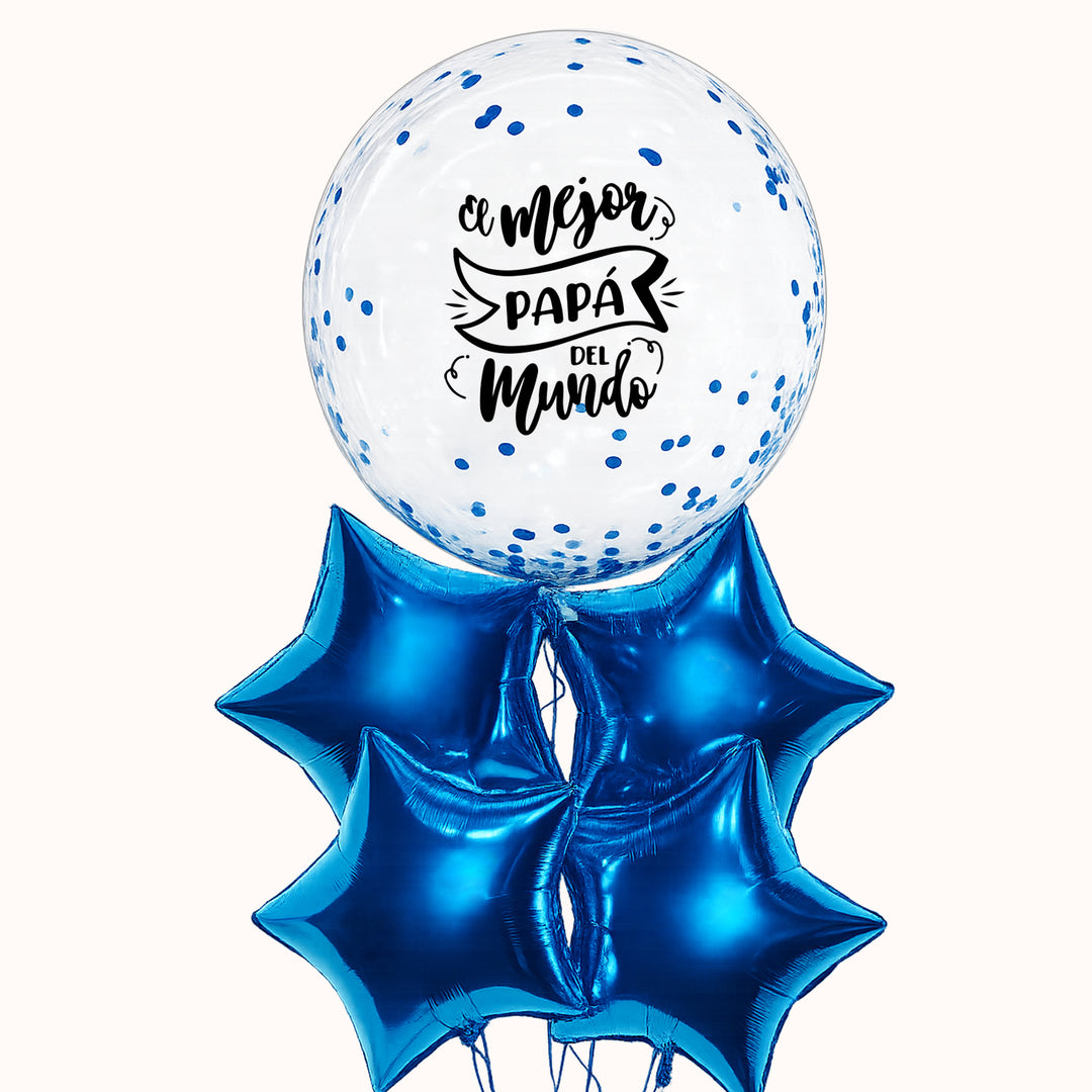Día del Padre. Arreglo con helio que incluye 1 globo burbuja confetti personalizado, 4 globos estrella y 1 pesa decorativa; un detalle ideal para sorprender y regalar a papá en su día especial.