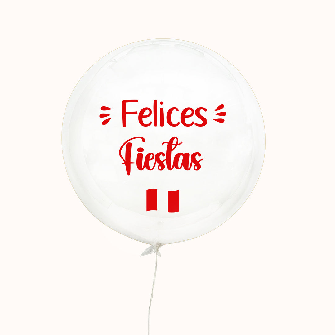 Globo burbuja transparente personalizado, inflado con helio 100% puro, ideal para celebrar las Fiestas Patrias del Perú con un detalle elegante y lleno de orgullo nacional.