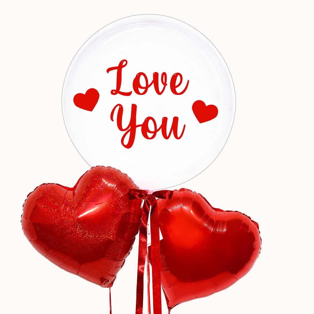 Bouquet de globos burbuja transparente love you, acompañado de 2 globos metálicos en forma de corazón rojo para regalo de San Valentín y regalo para parejas en aniversarios.