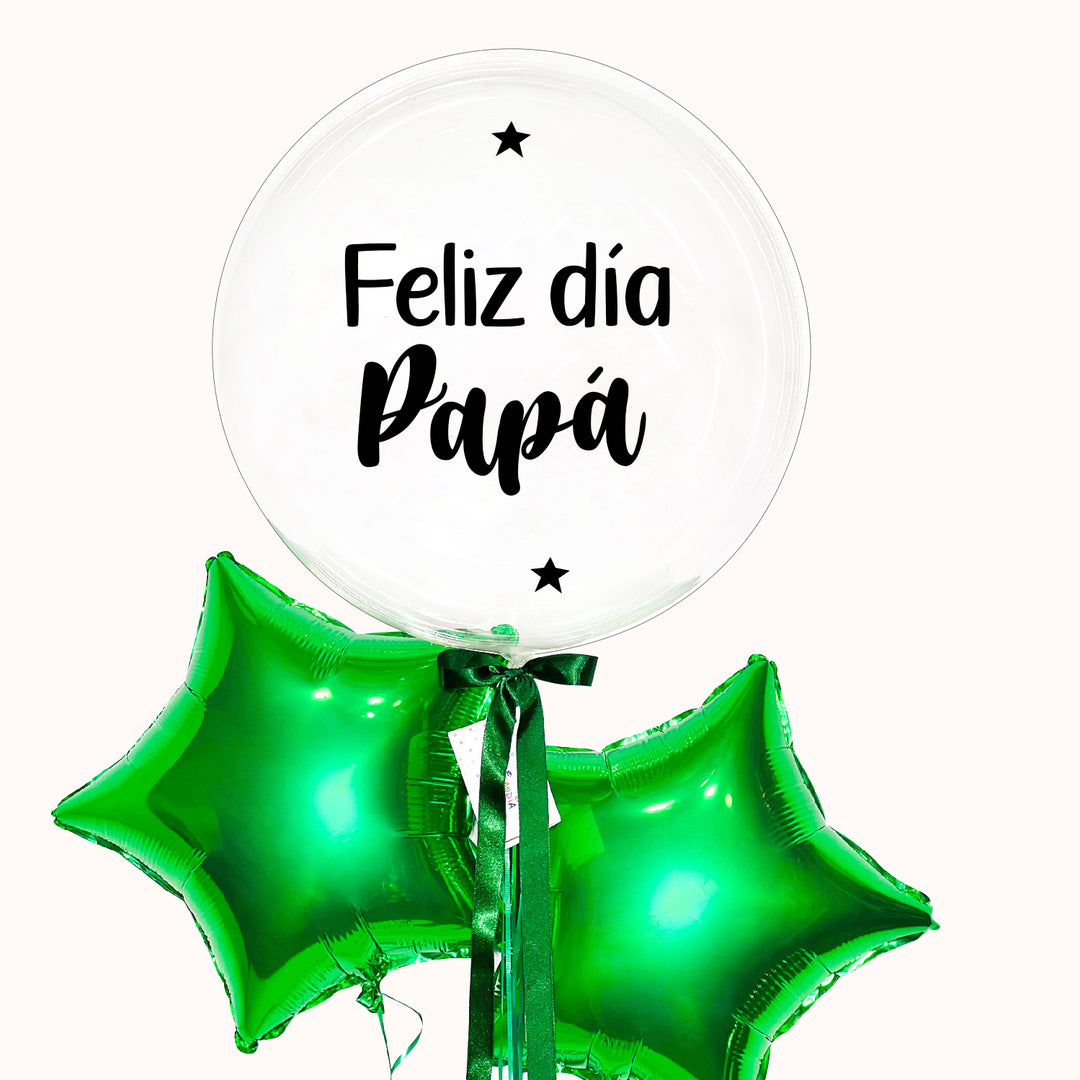 Bouquet de globo burbuja transparente acompañado de 2 estrellas color verde o color a elección. para festejar el día del padre. Inflados con helio 100% puro.
