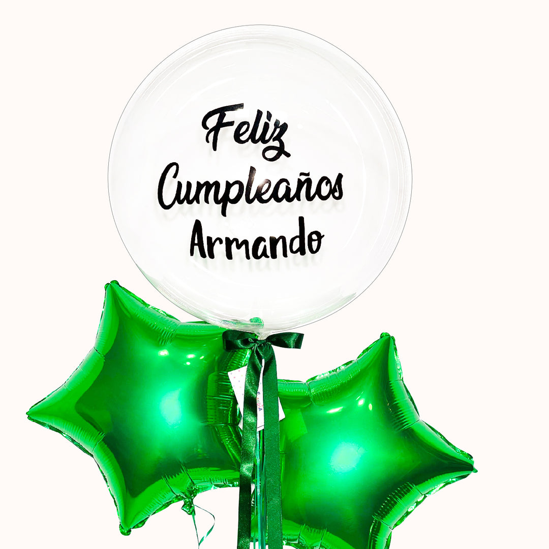 Bouquet de globo burbuja transparente acompañado de 2 estrellas color verde o color a elección. para desear feliz cumpleaños. Inflados con helio 100% puro