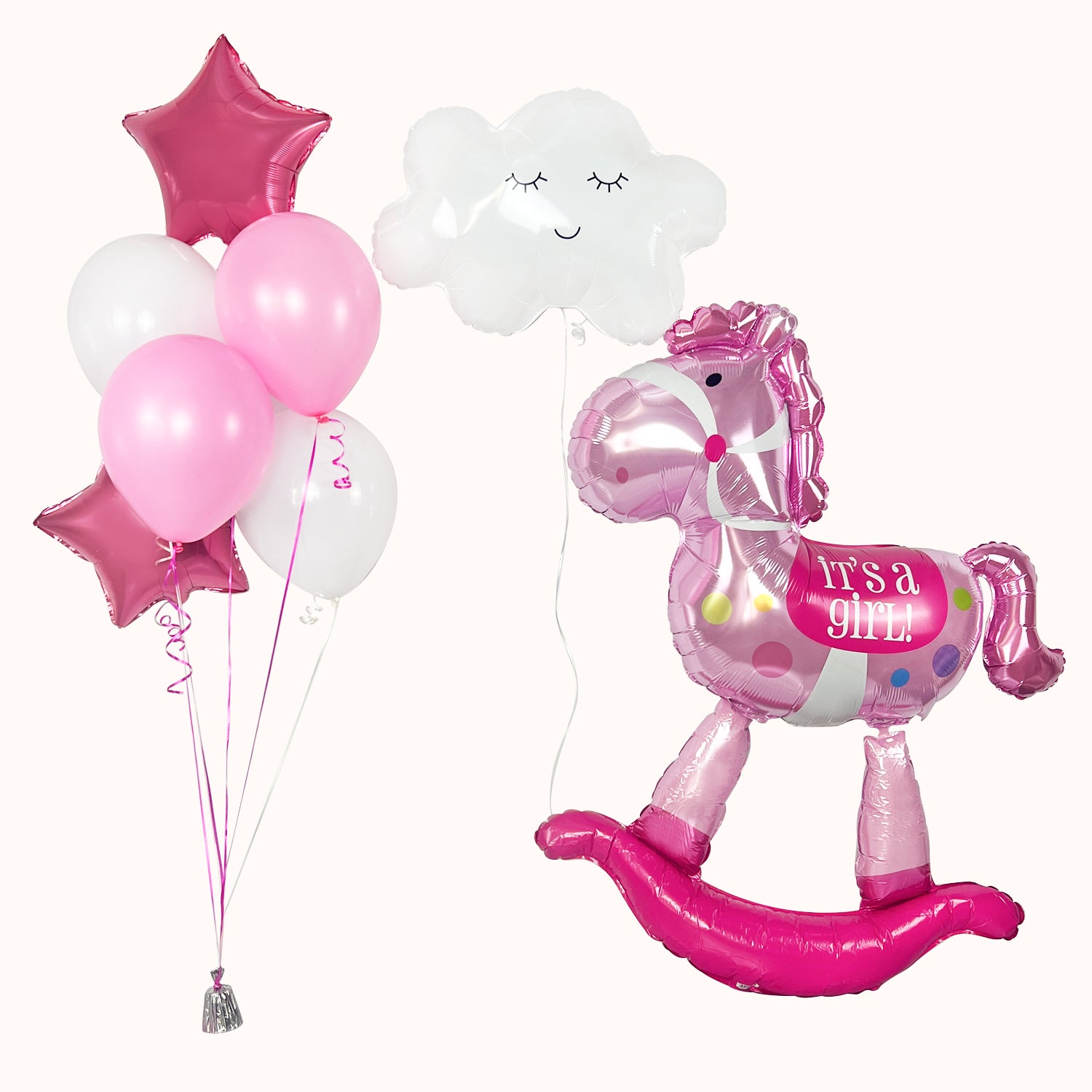 Hermosa decoración de globos para recibir a una bebé/niña, que incluye un caballito gigante, 01 globo burbuja nude y un bouquet de 4 globos de látex y 2 globos estrella metálicos. Ideal para celebrar nacimientos y baby shower, creando un ambiente dulce y encantador