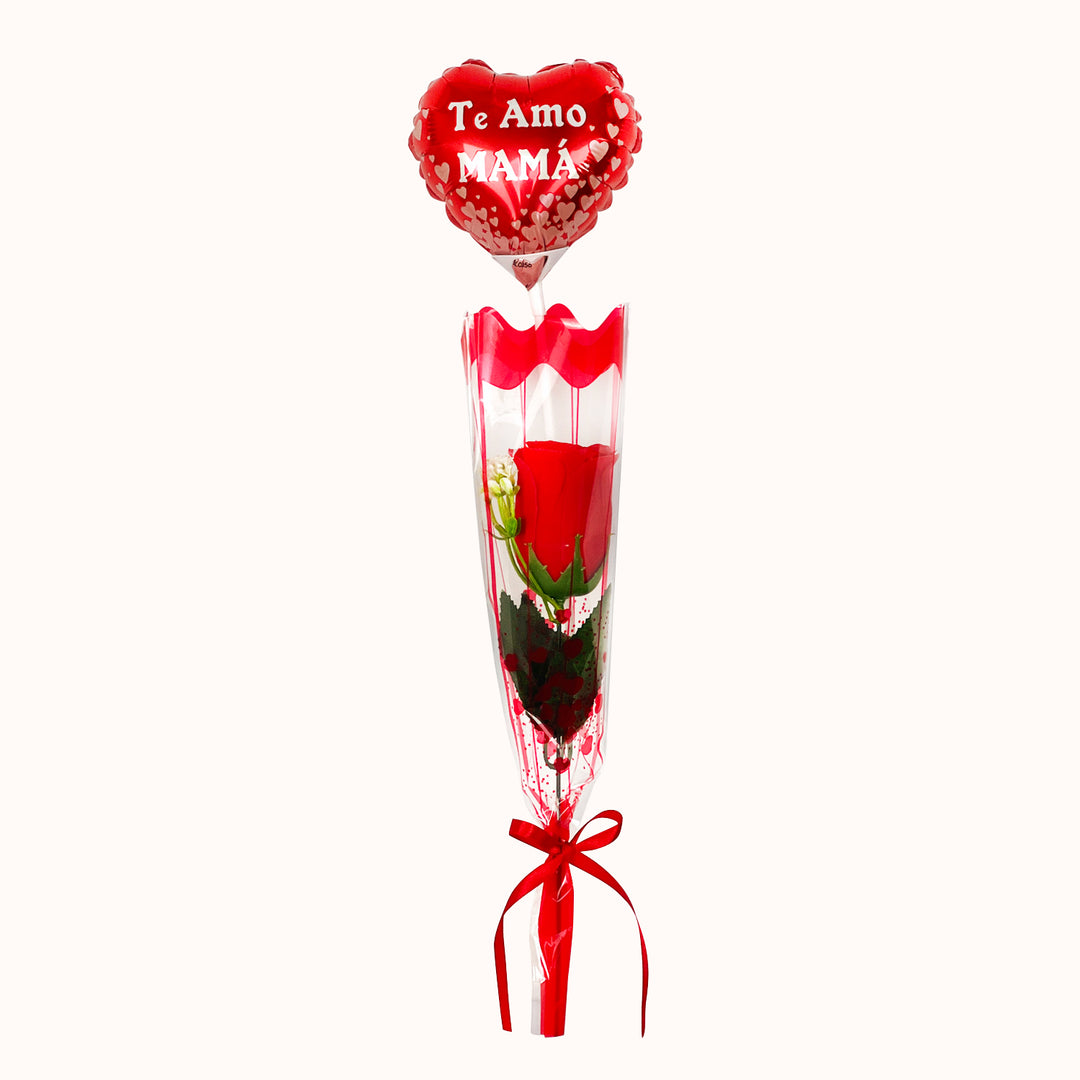 Presente corporativo para el Día de la Madre con rosa decorativa artificial, globo corazón impreso, envoltura en papel celofán y lazo decorativo. Ideal para campañas empresariales.