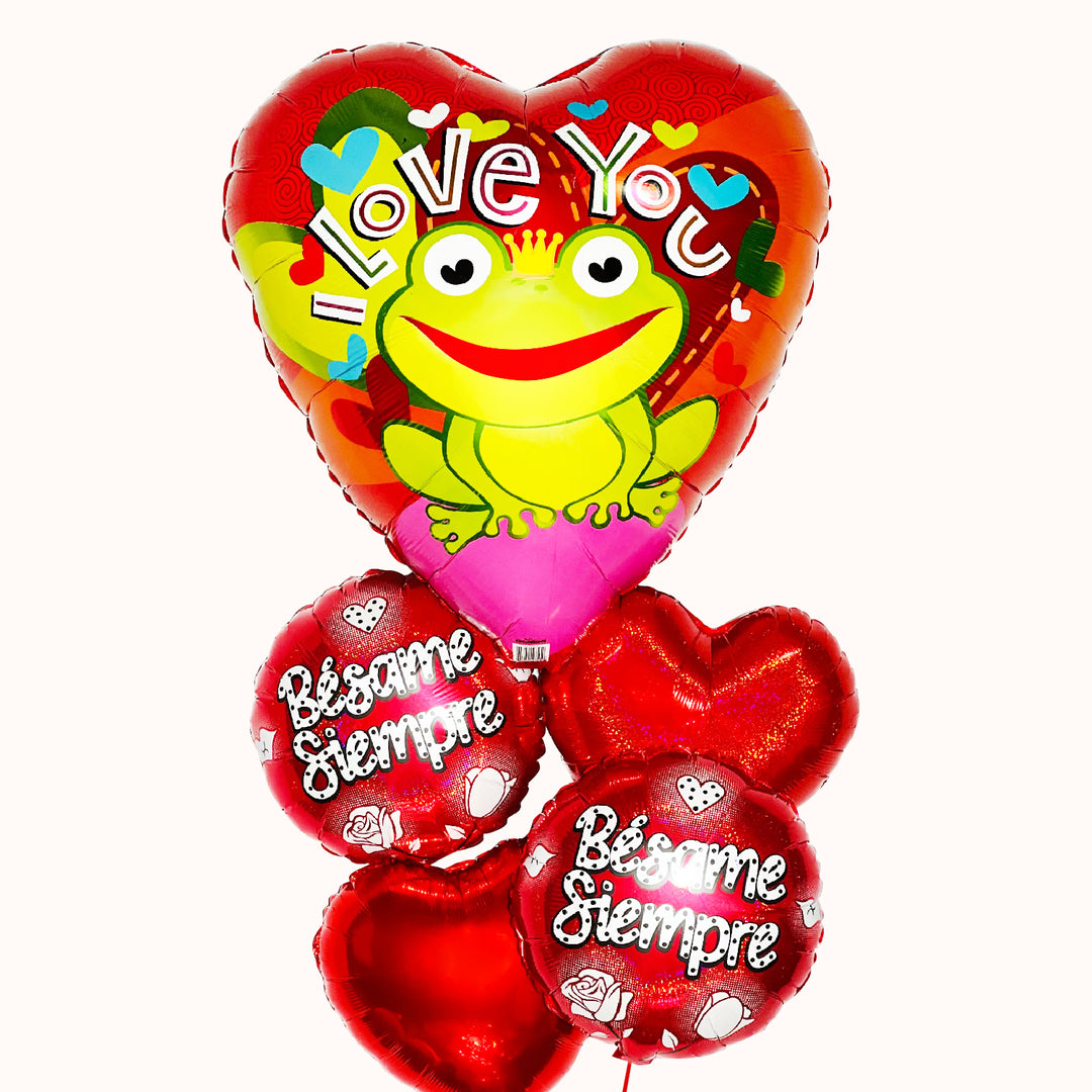 Bouquet de globos metálicos con diseño de ranita 'I Love You', 2 globos metálicos en forma de corazón y 2 globos metálicos circulares con el mensaje “Bésame siempre”. Para regalo de San Valentín y aniversario de novios