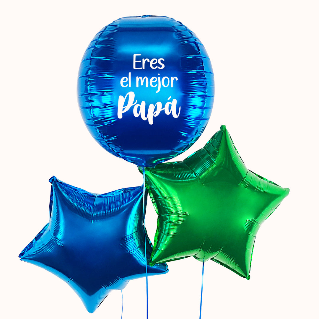 Regala en su día especial un bouquet de globos metálicos personalizado. Incluye una esfera azul personalizada con la frase “Eres el mejor Papá” y 2 globos estrella en tonos verde y azul. ideal para festejar el día del padre