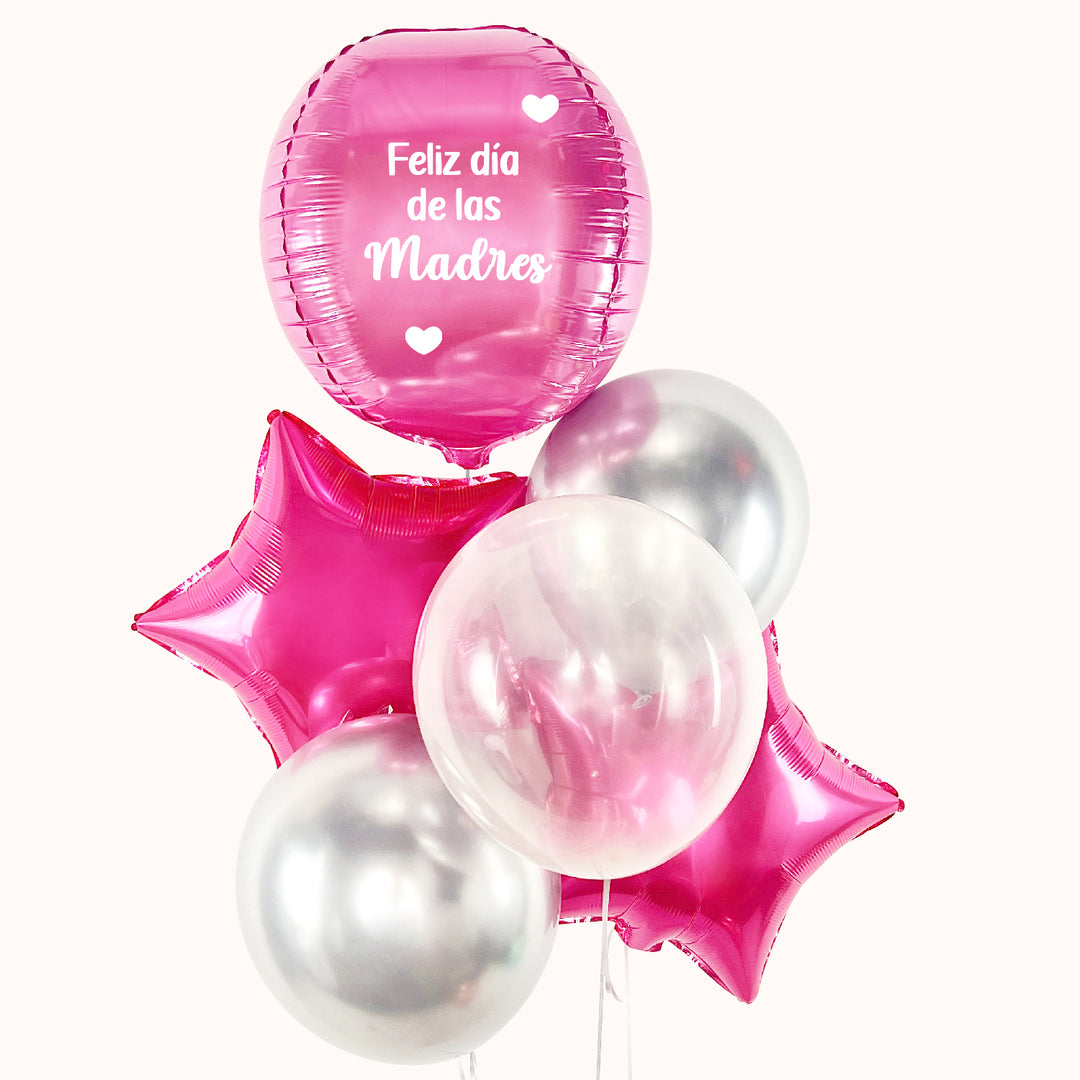 Bouquet de 6 globos con helio en color fucsia y plata: 1 globo esfera, 2 globos estrella metálicos, 3 globos látex. Ideal para celebrar y regalar a mamá en su día.