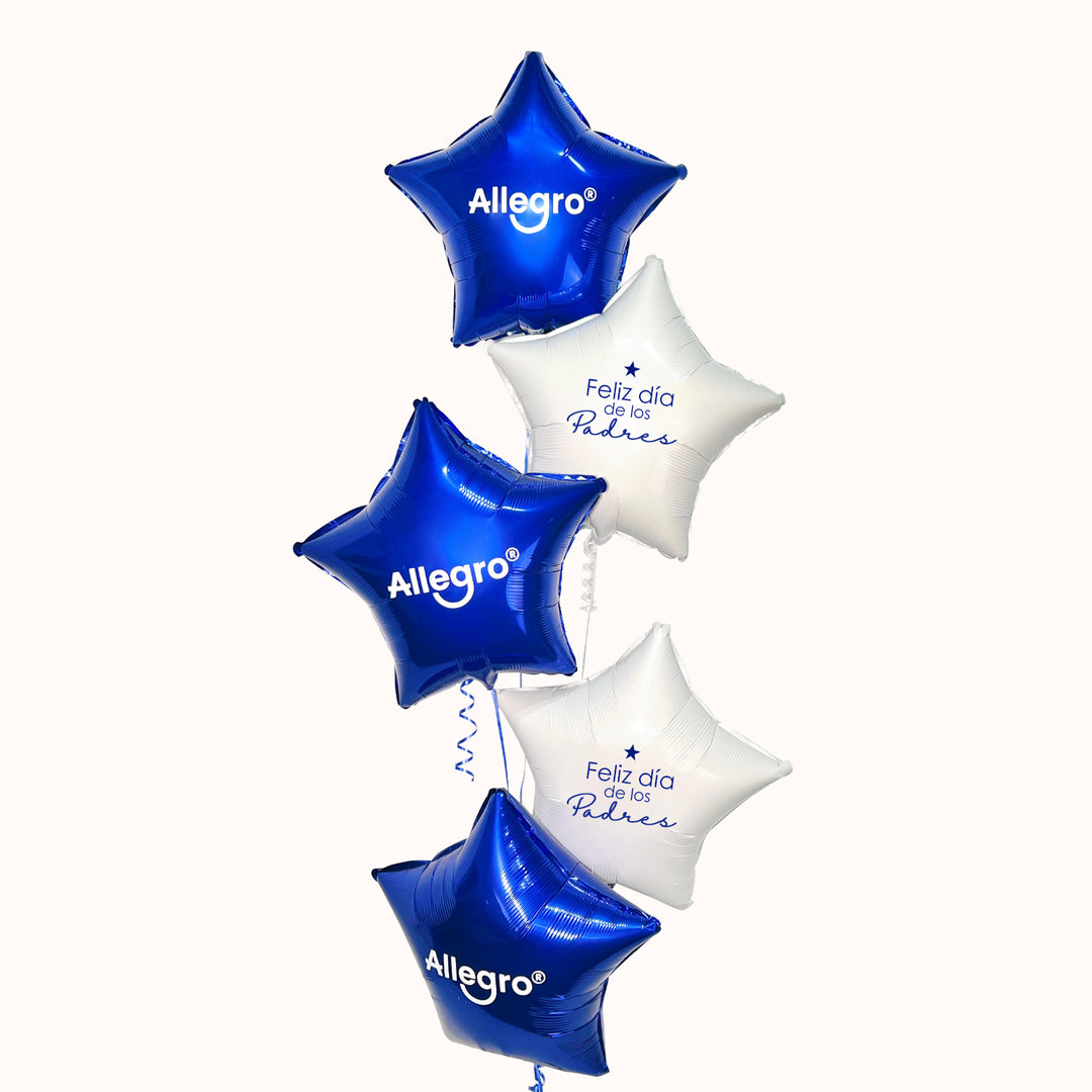 Globos con Helio Corporativos para el Día del Padre. Bouquet de 5 estrellas metálicas personalizadas con logo y mensaje por el Día del Padre, ideal para eventos corporativos, oficinas y celebraciones empresariales