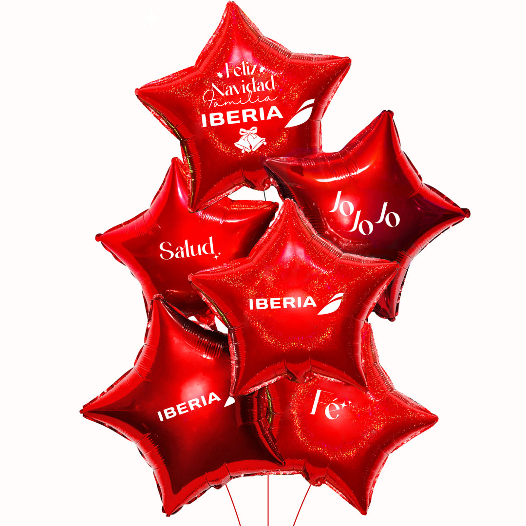 Bouquet de 6 globos estrellas  metálicos personalizados con tu logo. Ideal para eventos corporativos, activaciones e inauguraciones. Realza tu marca y promociona tu empresa de manera efectiva