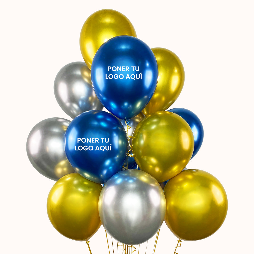 Bouquet de 12 globos cromados personalizados con tu logo. Globos publicitarios impresos, ideales para eventos corporativos donde tu marca destaca. Inflados con helio puro 100 % seguro.