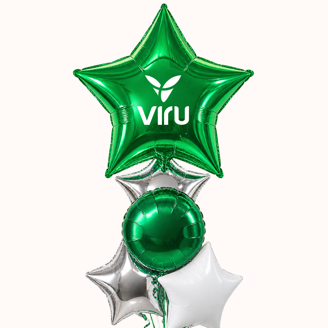 Bouquet corporativo compuesto por 5 globos metálicos en forma de estrella y círculo, personalizados con el logo de tu empresa. Incluye un globo principal de gran tamaño que destaca. Todos los globos son inflados con helio 100% puro. Ideal para decorar oficinas, eventos empresariales, activaciones, inauguraciones y celebraciones corporativas