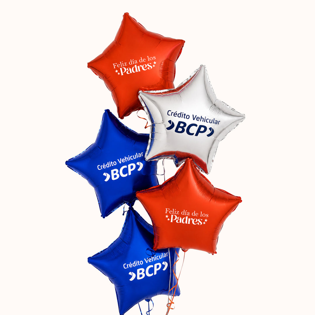Bouquet corporativo con 5 globos metálicos en forma de estrella personalizados con logo y helio 100% puro. Ideal para decoración de oficinas, eventos empresariales y celebraciones corporativas por el Día del Padre.