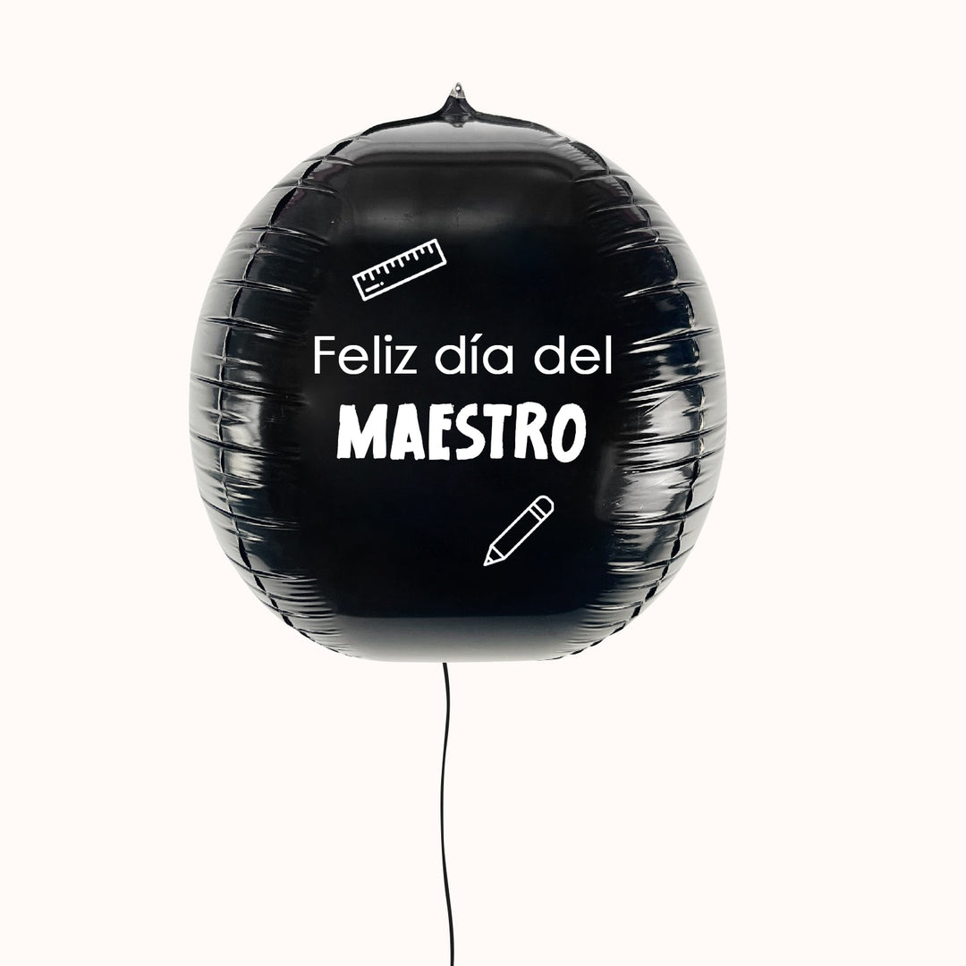 Sorprende a tu maestro con 1 globo metálico color negro, personalizado con la frase “Feliz Día del Maestro”, decorado con hermosos detalles alusivos a su profesión.