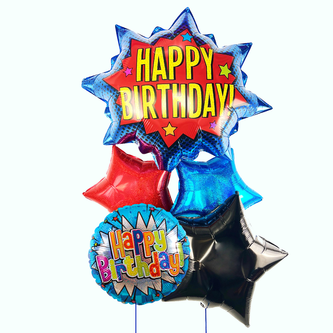Bouquet de 5 globos inflados con helio. Ideal para festejar cumpleaños al estilo cómics, full colorido y divertido