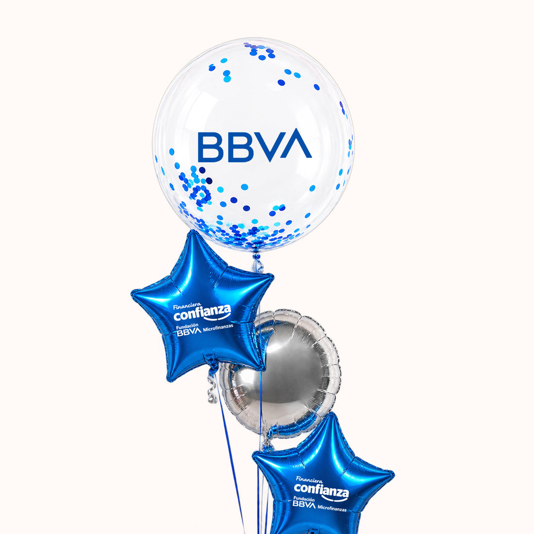 Arreglo corporativo empresarial compuesto por 1 globo burbuja con escarcha personalizado de 62 cm aprox., 2 globos estrella personalizados, 1 globo circular y 1 pesa. Ideal para eventos corporativos, activaciones de marca, inauguraciones, aniversarios empresariales y celebraciones de empresas. Personaliza los globos con el logo o mensaje de tu empresa.
