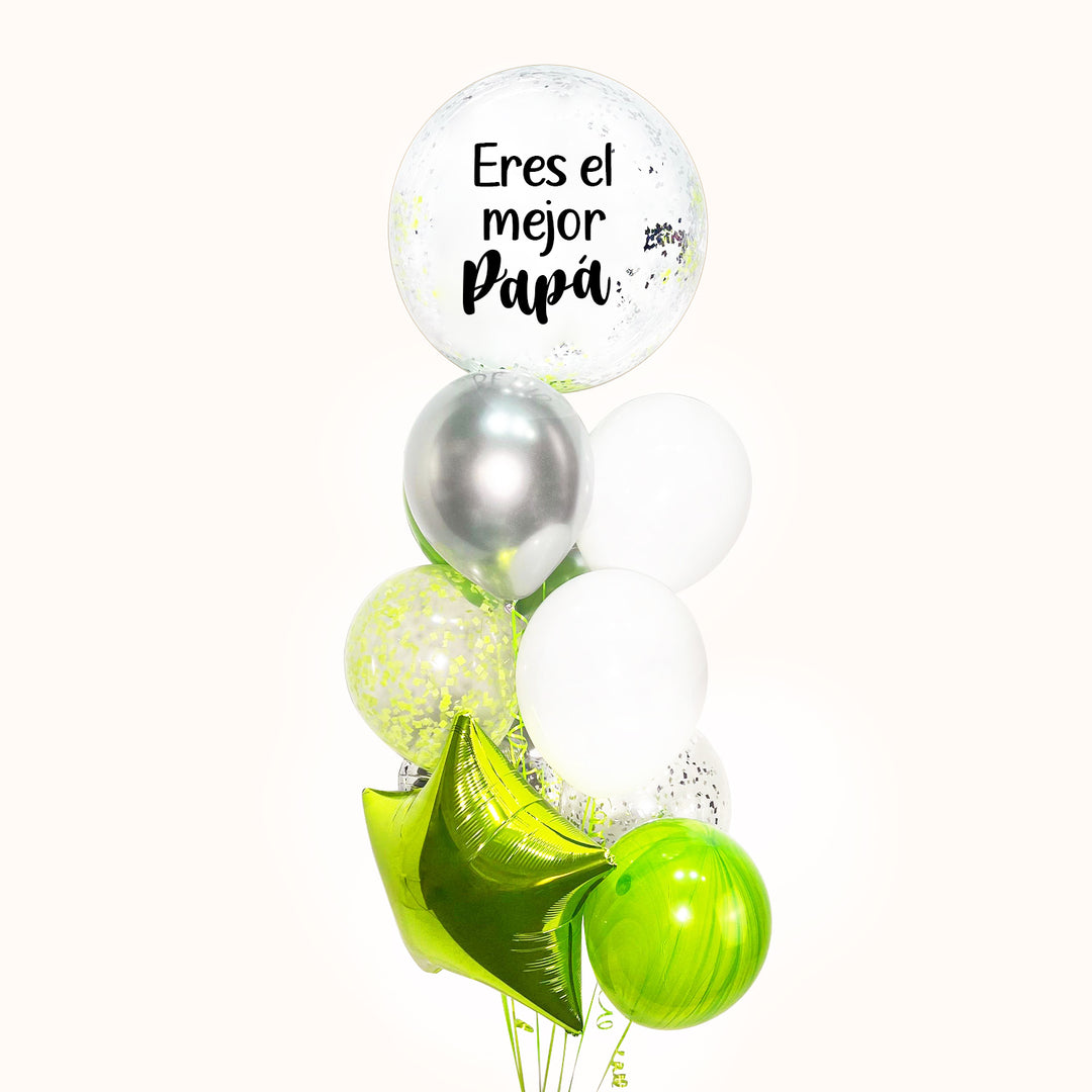 Bouquet de 10 globos con helio para cumpleaños: 1 globo burbuja personalizado con escarcha , 5 globos de látex , 3 globos de látex transparentes con confetti y 1 globo estrella. Ideal para decorar y celebrar el día del padre.