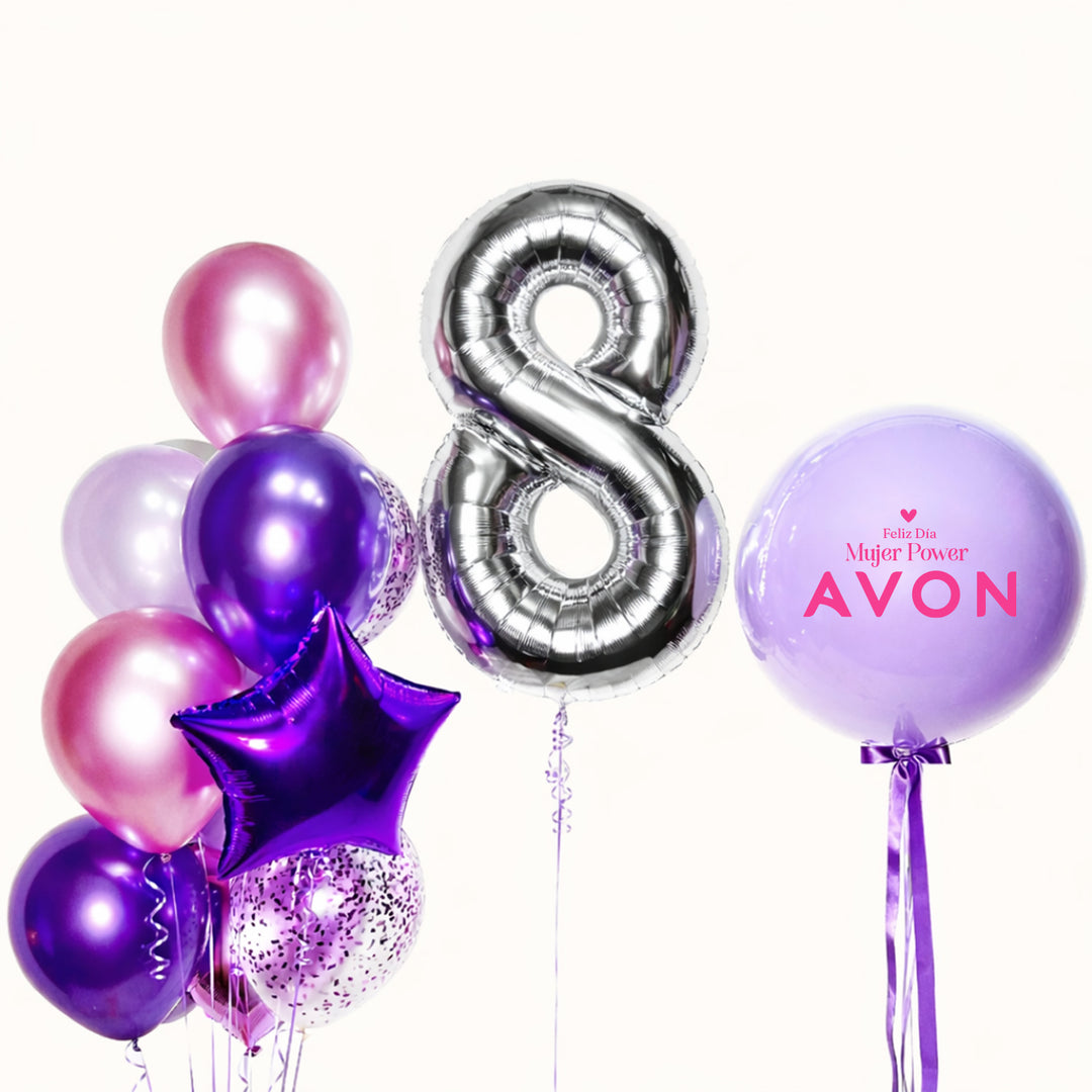 Bouquet de globos con helio para la campaña del Día de la Mujer que incluye 1 globo metálico de número, 1 globo burbuja con globo lila en su interior personalizado con logo, globos de látex, globos de látex con confetti, 1 globo metálico en forma de estrella y 1 globo metálico en forma de corazón, ideal para activaciones de marca y obsequios corporativos.