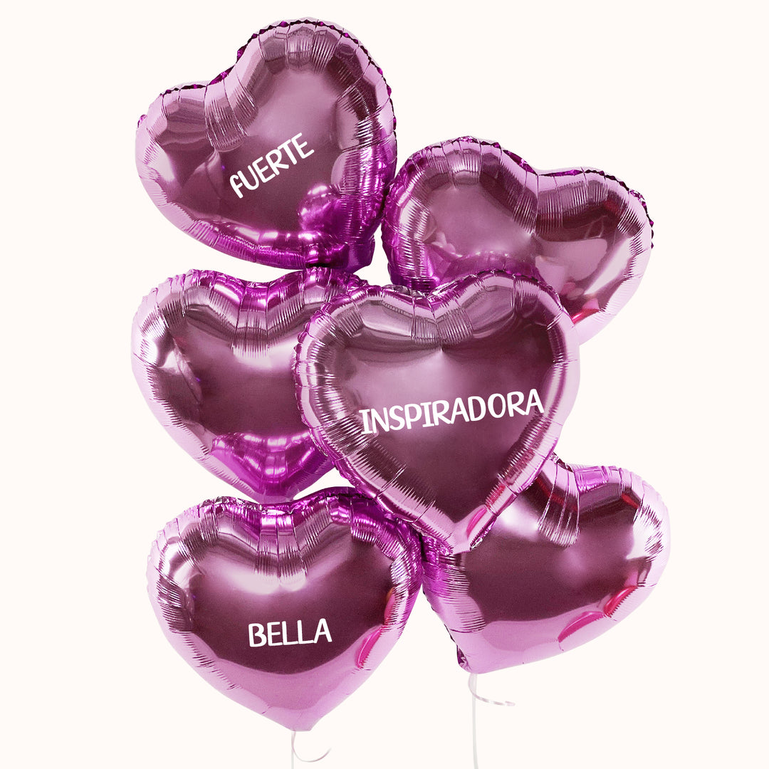 Bouquet de globos con helio para el Día de la Mujer que incluye 6 globos en forma de corazón en tonos lila. Ideal para obsequios. Personaliza a tu gusto.