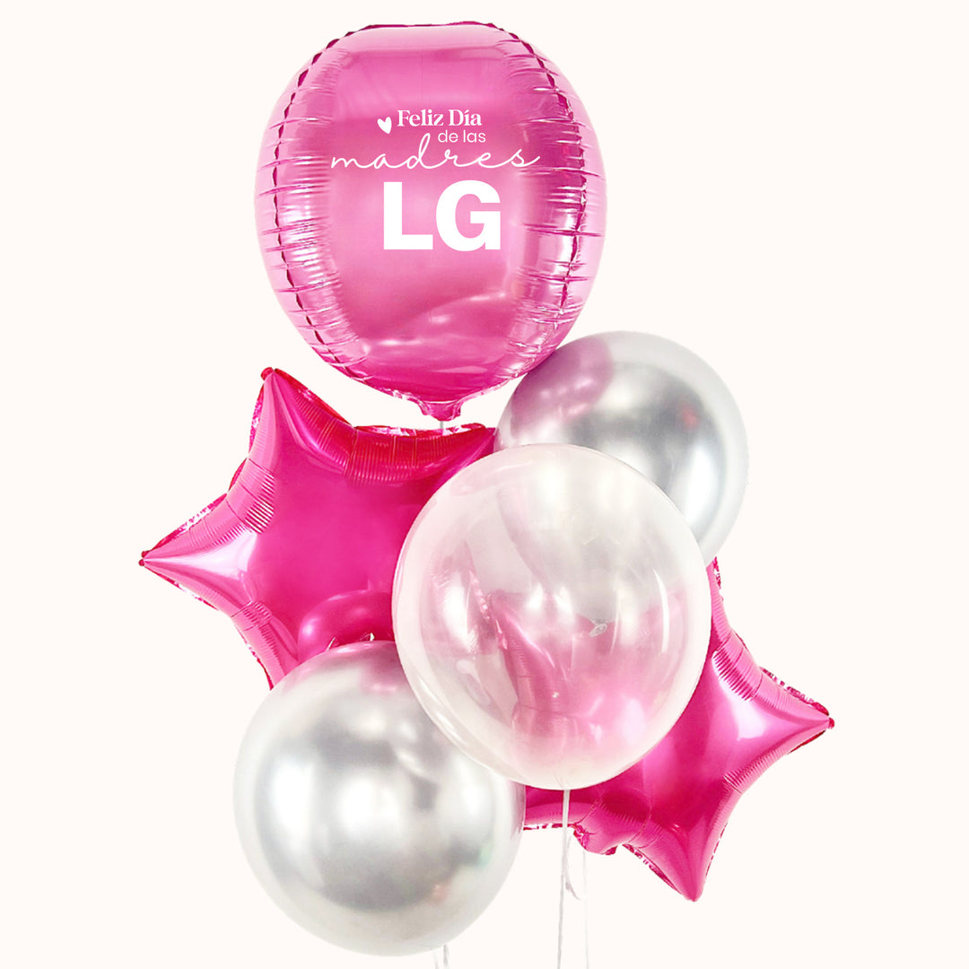 Bouquet de globos con helio para campaña corporativa del Día de la Madre, que incluye 1 globo esfera rosado personalizado con logo, 2 globos estrella rosados y 3 globos de látex transparentes, ideal para eventos corporativos, activaciones e inauguraciones, ayudando a realzar tu marca y promocionar tu empresa de manera efectiva.