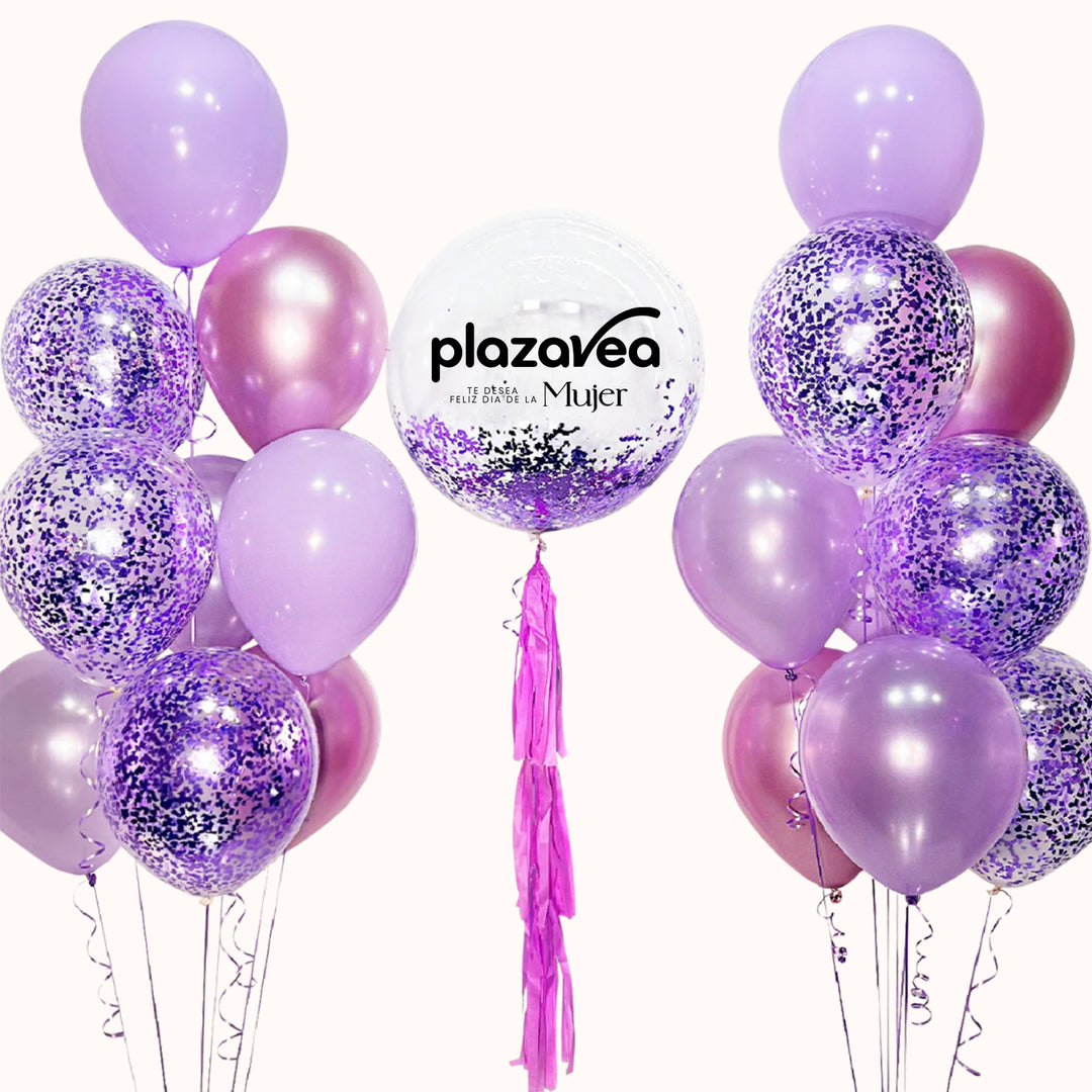 Arreglo de 19 globos corporativo para la campaña del Día de la Mujer que incluye 1 globo burbuja confetti personalizado con logo, 12 globos de látex en color sólido y 6 globos de látex confetti transparentes. Decoración con globos para activaciones de marca, obsequios empresariales y eventos corporativos.
