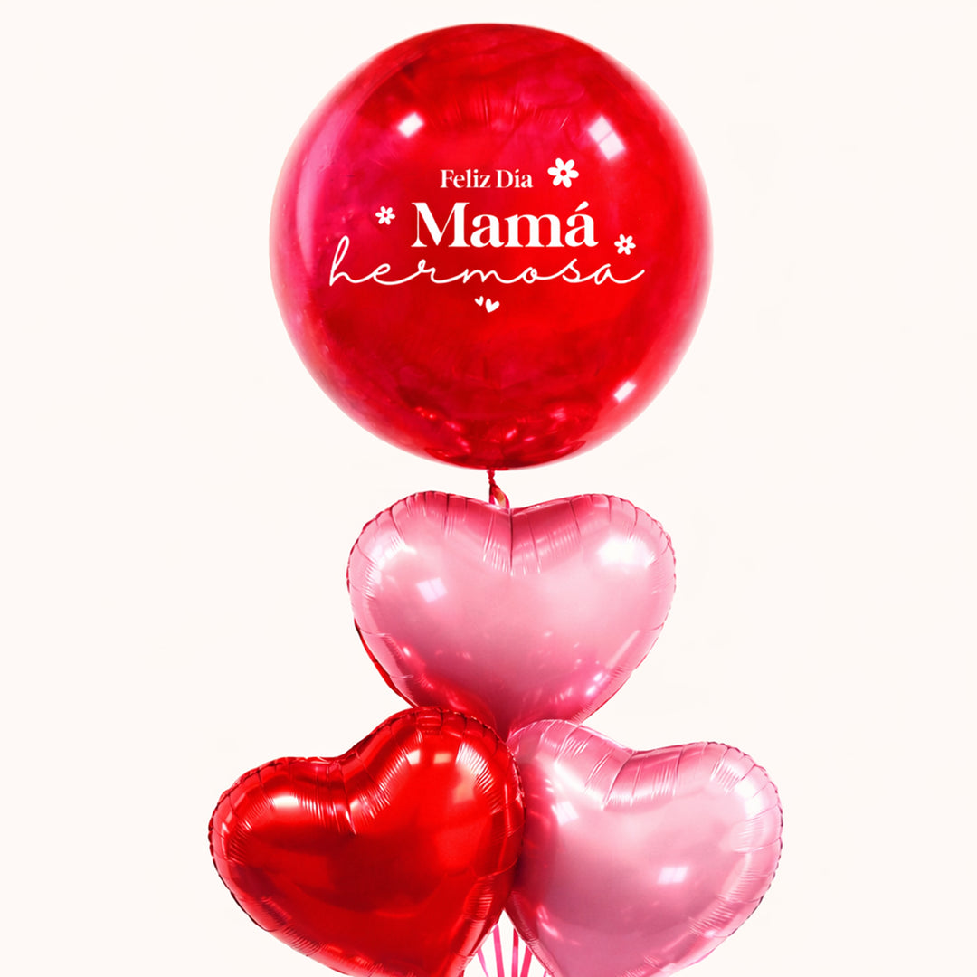 Bouquet para el Día de la Madre con 1 globo burbuja pintado y personalizado y 4 globos en forma de corazón. Elaborado con helio 100% puro no explosivo.