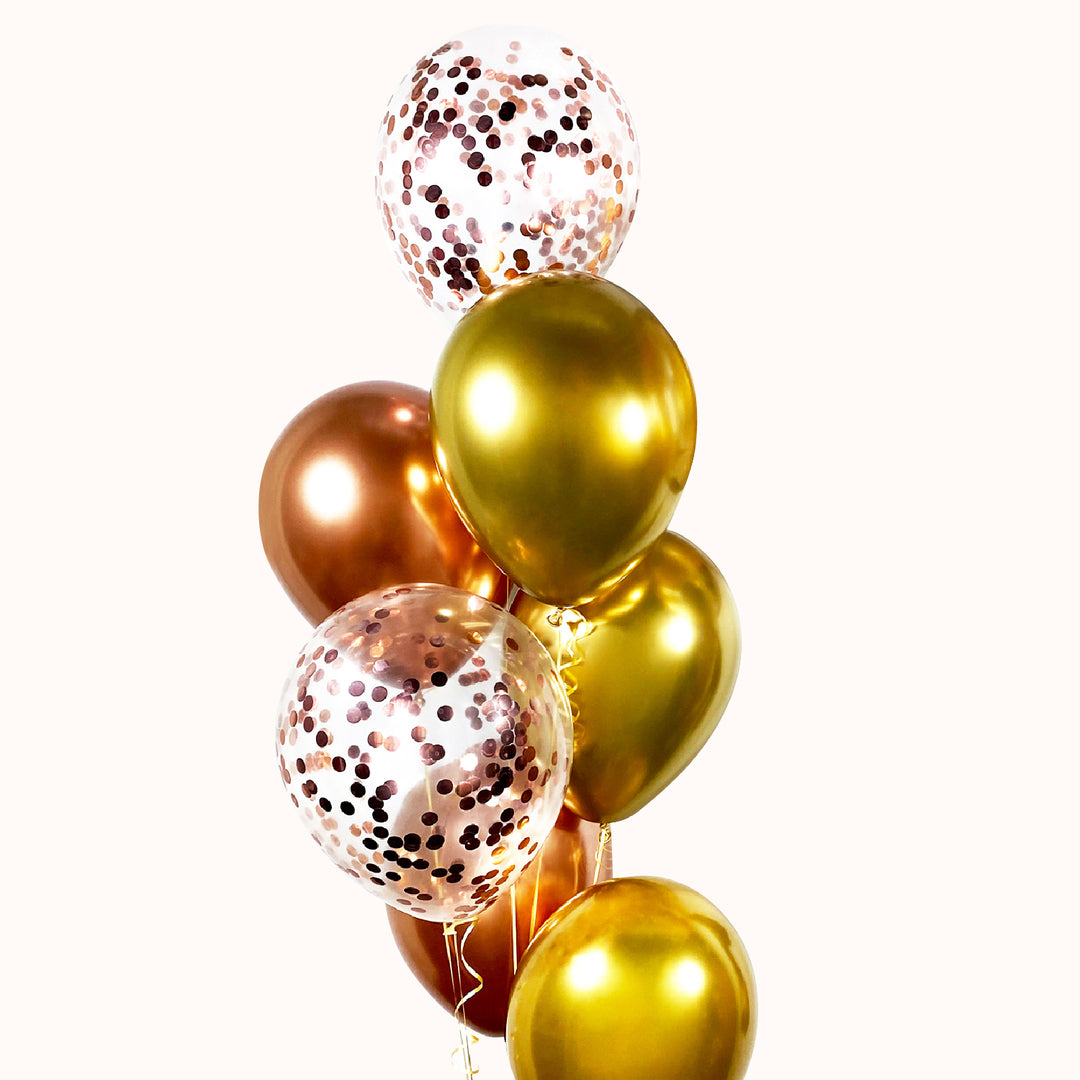 Arreglo de 7 globos con helio ideal para cumpleaños y cualquier ocasión, que incluye 5 globos de látex color sólido y 2 globos de látex confetti transparentes, perfecto para decorar y celebrar momentos especiales.
