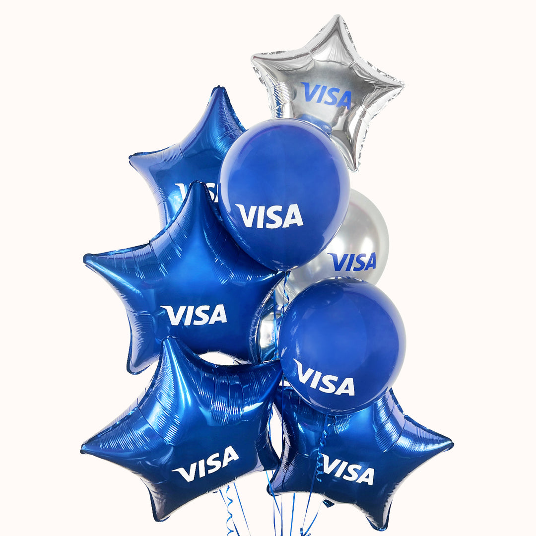 Bouquet globos con helio que incluye 5 globos estrella personalizados en el color de tu elección, 3 globos de látex personalizados y 1 pesa; ideal para decorar oficinas y celebraciones corporativas en fecha festivas especiales, para el día del padre en tu empresa.