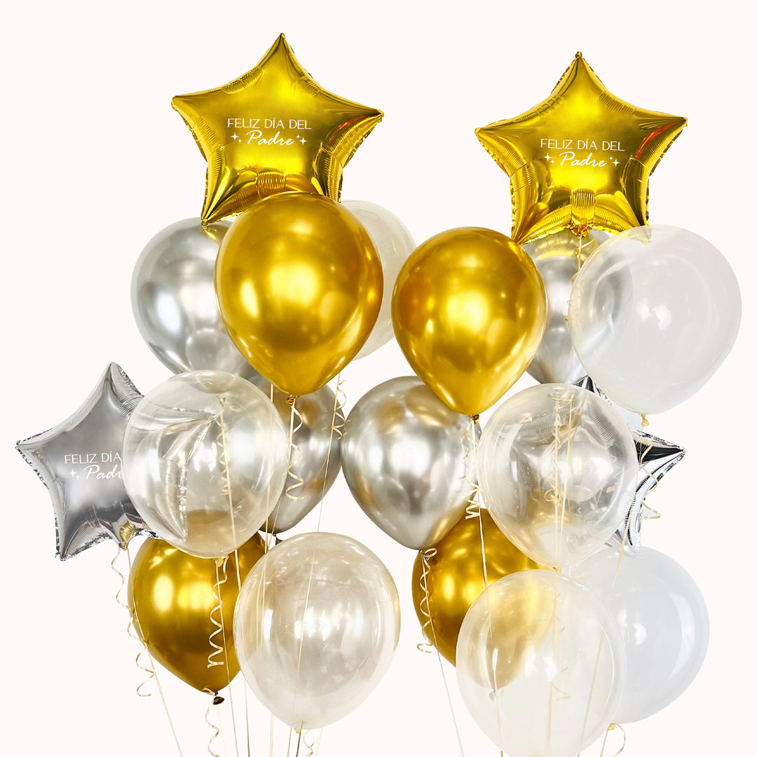 Campaña Corporativa Día del Padre. Celebra esta fecha especial con 2 ramos de globos con helio que incluyen en total: 14 globos de látex en color sólido, 2 estrellas personalizadas y 2 estrellas sólidas; una alternativa ideal para sorprender y reconocer a los padres de tu empresa.