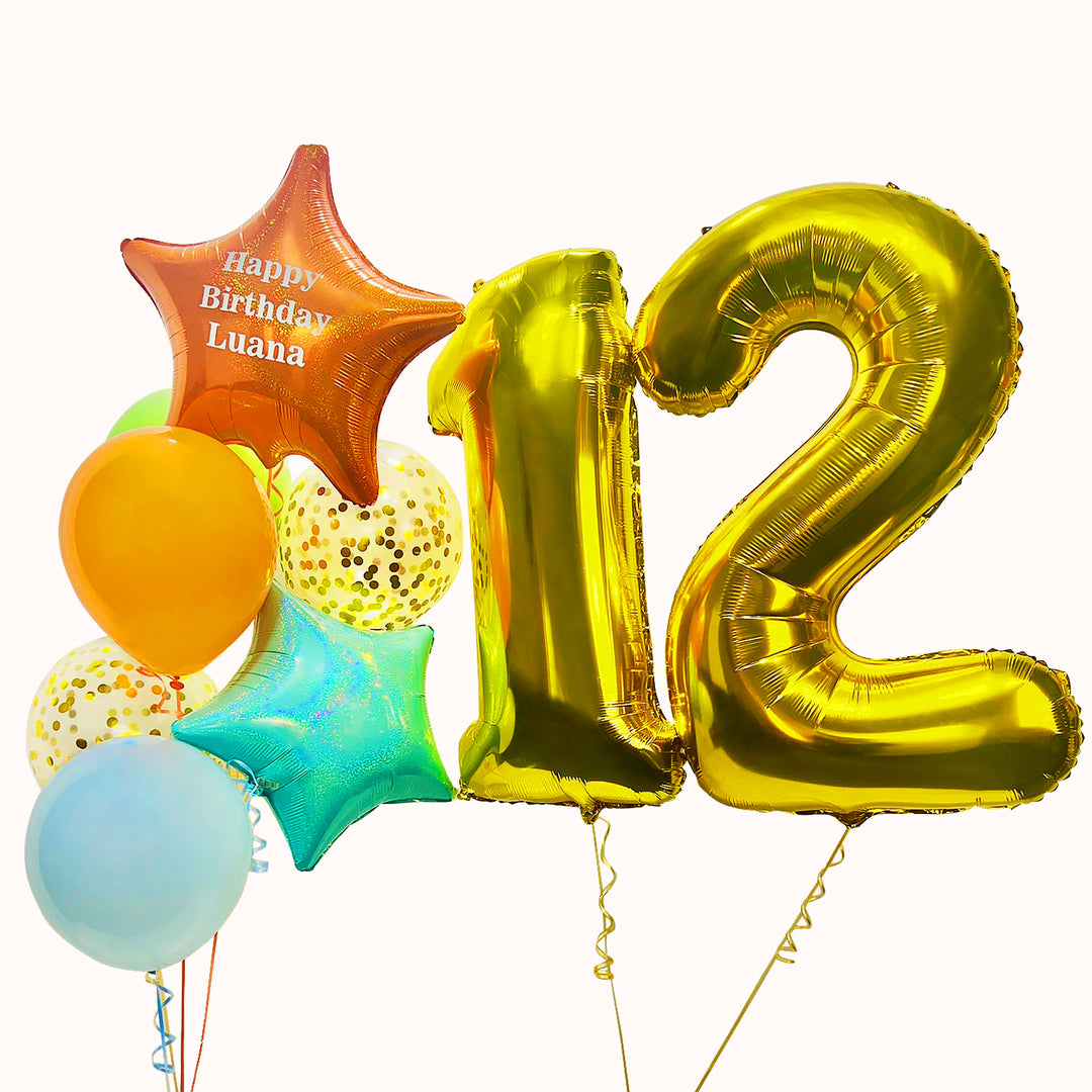 Bouquet  de 8 globos con helio para cumpleaños o aniversarios: 1 globo metálico de número, 2 globos estrella, 2 globos de látex transparentes con confetti y 3 globos de látex. Ideal para celebrar ese día especial.