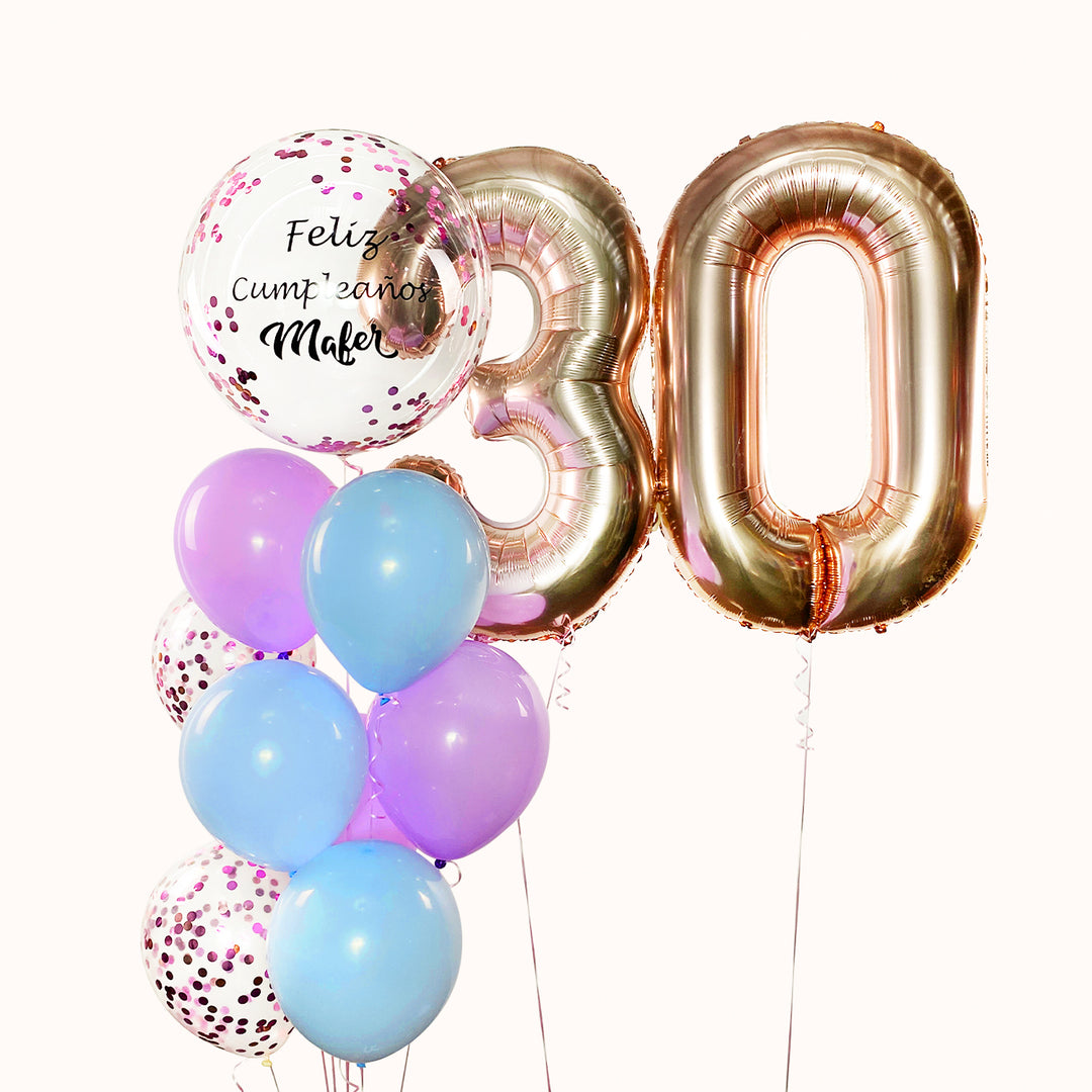 Pack de 10 globos con helio: 1 globo número, 6 globos de látex y 2 globos con confeti. Ideal para celebrar cumpleaños y aniversarios. Opción de adicionar globos número y globos de látex según tu preferencia.