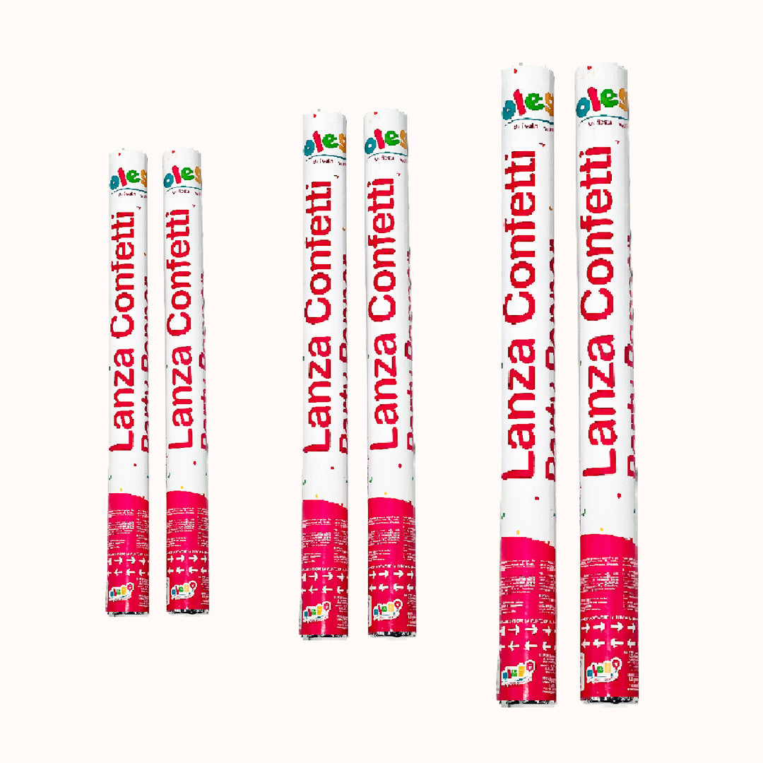 Pack de 6 bombardas en 3 tamaños: 30 cm, 60 cm y 100 cm (2 unidades por tamaño). Ideal para llenar de color tus eventos corporativos con una espectacular explosión de papel de colores.