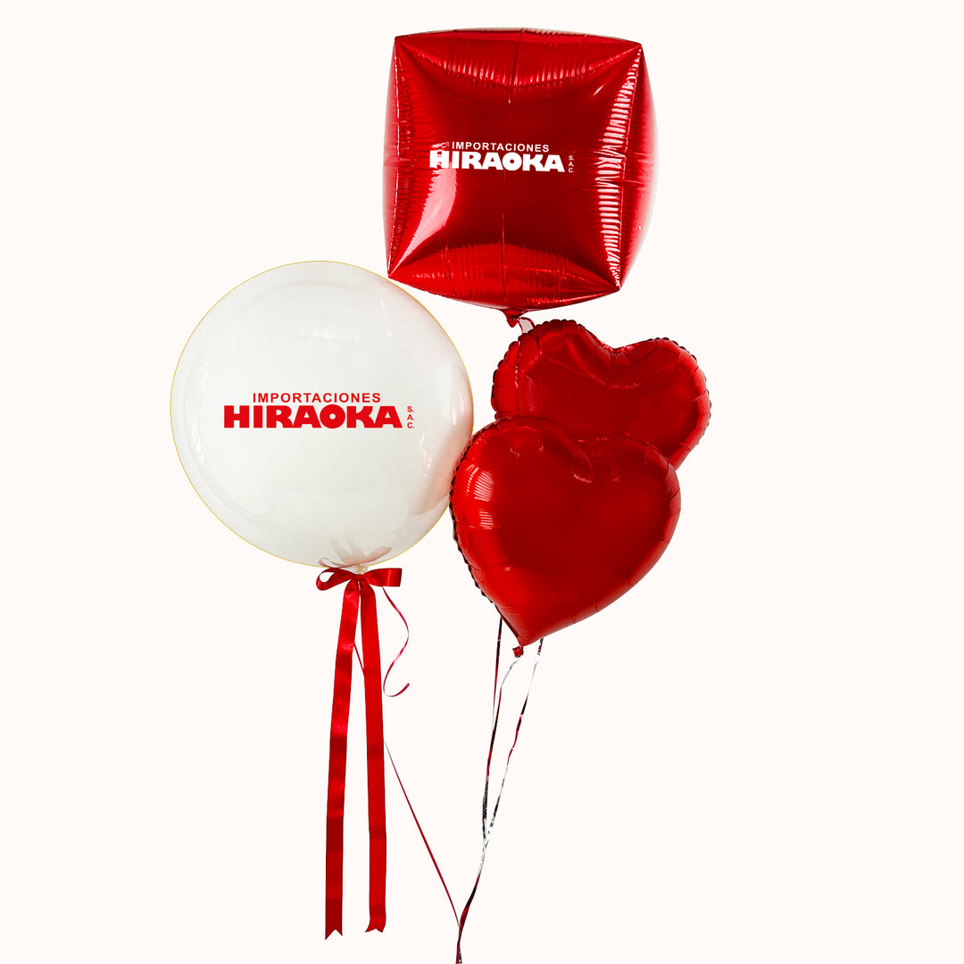 Arreglo empresarial para San Valentín: Bouquet de globos en tonos blanco y rojo. Incluye un globo burbuja con globo interno personalizado con tu logo, acompañado de 2 globos metálicos en forma de corazón y 1 cubo personalizado. Regalo para campaña de San Valentín.