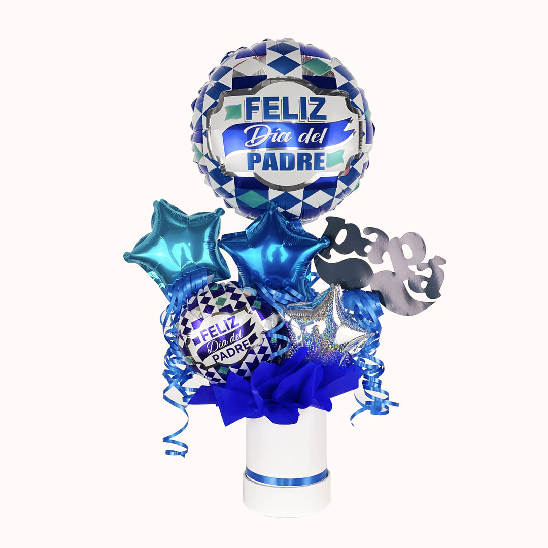 Regalo corporativo para el Día del Padre con caja decorativa, globos temáticos personalizados y tarjeta especial. Ideal para sorprender a colaboradores y clientes con detalles empresariales originales y memorables. Disponible en Globilandia.