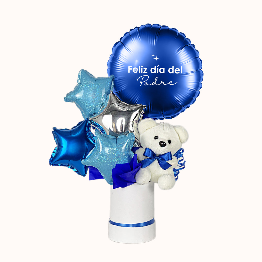 Regalo corporativo para el Día del Padre con caja decorativa, peluche llavero, globos personalizados y tarjeta especial. Ideal para sorprender a colaboradores y clientes con detalles empresariales originales y memorables. Disponible en Globilandia
