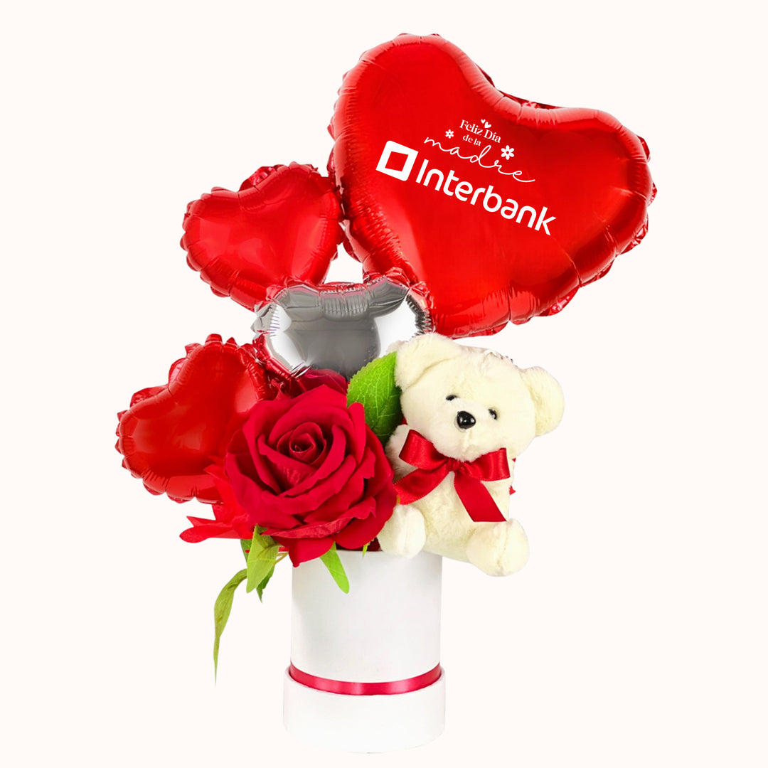 Regalo corporativo para el Día de la Madre con globo corazón personalizado con logo, osito de peluche pequeño, globos decorativos, rosa artificial y caja de regalo pequeña personalizada. Ideal para sorprender a clientas colaboradoras.