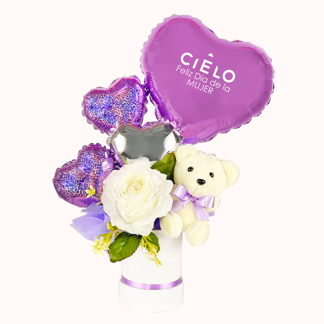 Regalo corporativo para la campaña del Día de la Mujer que incluye 1 globo corazón personalizado con logo, 1 osito de peluche pequeño, globos decorativos, rosa artificial decorativa y 1 caja de regalo pequeña personalizada, Para obsequios empresariales.
