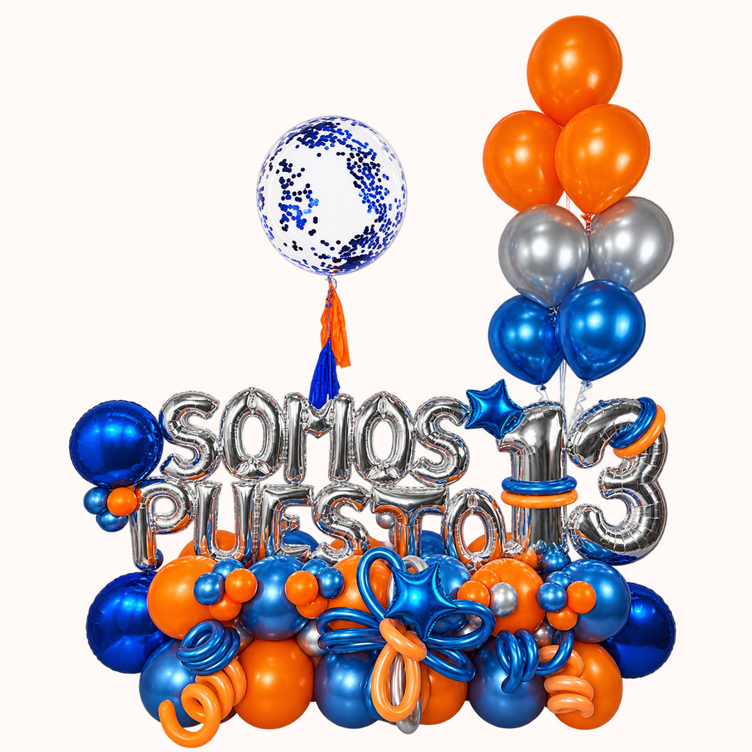 Mural con base de globos y números acompañado de burbuja personalizado con tu logo y Bouquet de 10 globos con helio. Ideal para aniversarios empresariales.