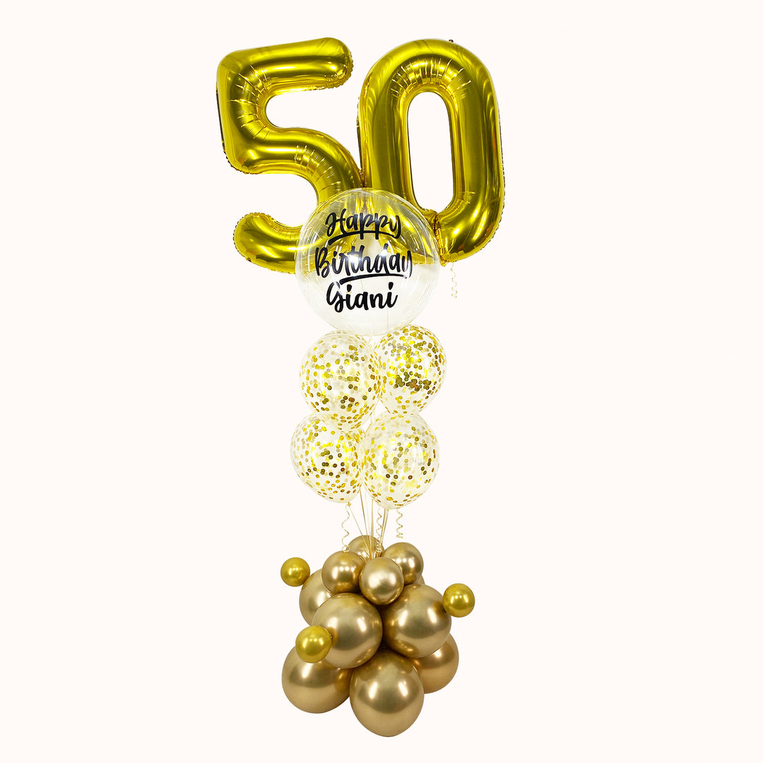 Arreglo con base grande de globos de látex Bouquet de globos con helio que incluye 1 globo burbuja con confetti personalizado, 1 globo metálico de número grande, 4 globos de látex transparentes con confetti. Ideal para celebrar cumpleaños, aniversarios. 