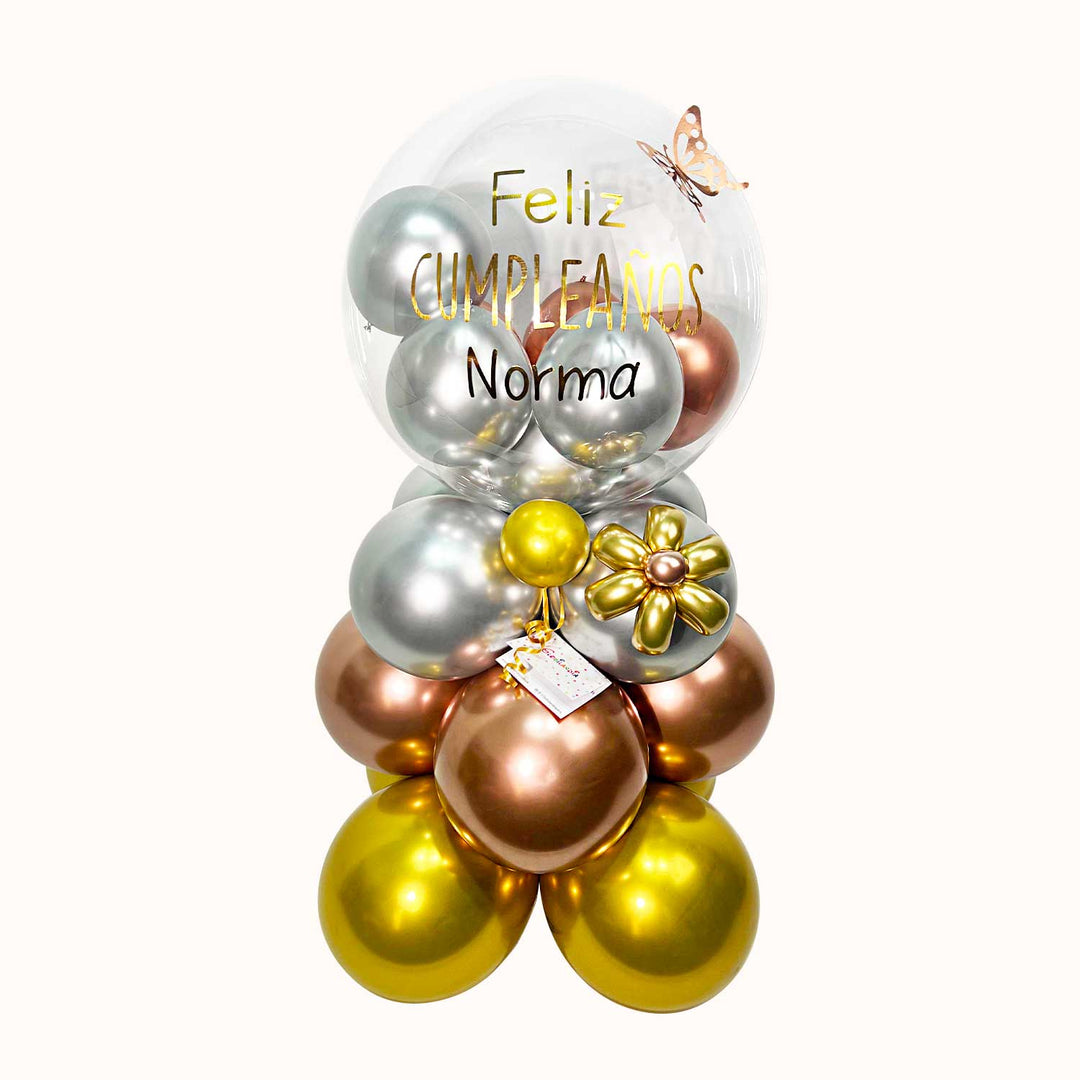 Mural base de globos de látex incluye: 1 globo burbuja transparente con globos en su interior y personalizado, 1 flor de globos  y una mariposa decorativa,medida aproximada de 1.25 m.