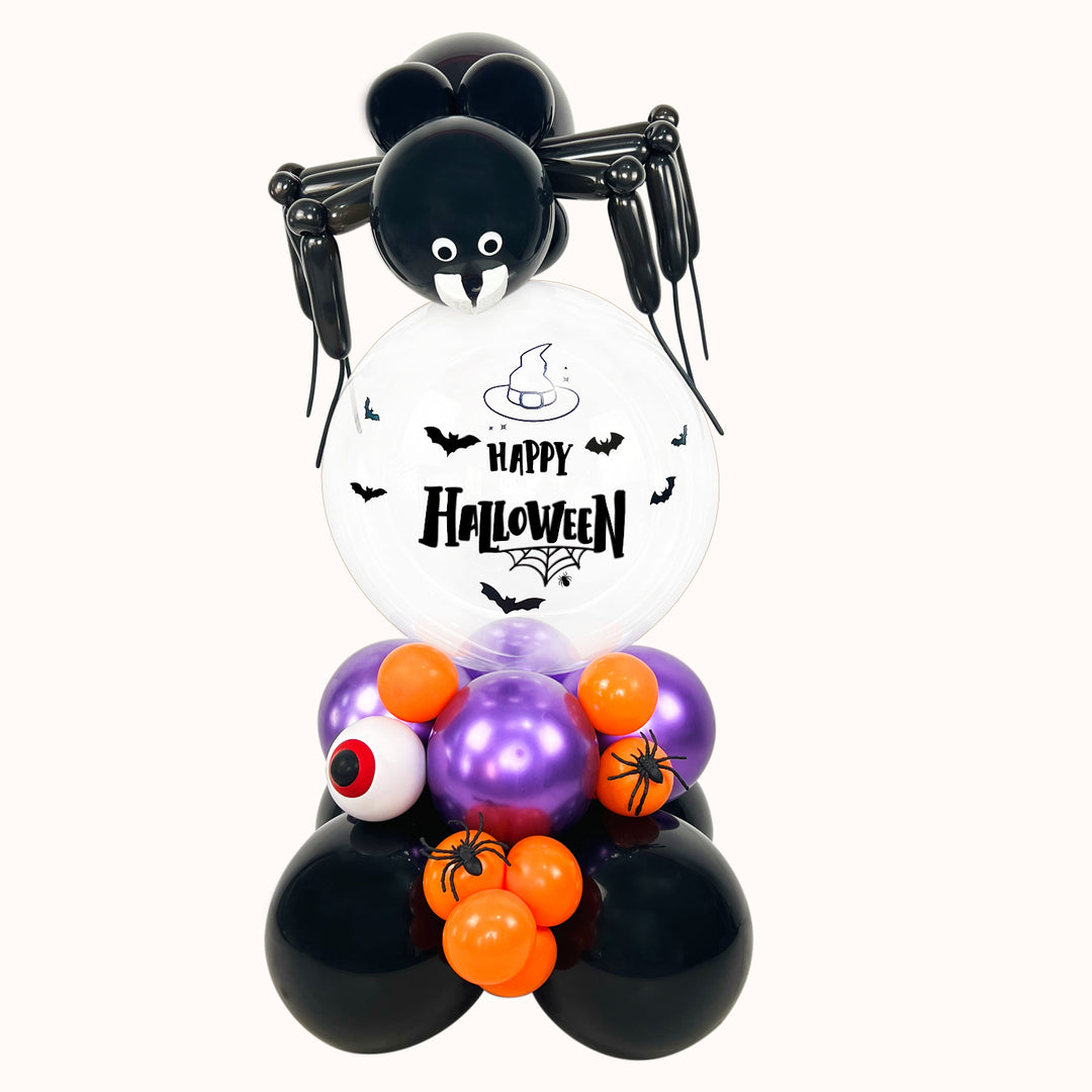 Mural de globos para Halloween con 1 burbuja personalizada, 1 araña de globo grande y 1 una base de globos de látex. Ideal para fiestas, recepción, entradas de local y celebraciones con temática de arañas. 