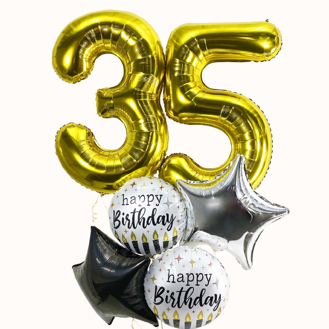 Ramo de 5 globos con helio: 1 globo metálico de número, opción de adicionar más globos, 2 globos estrella y 2 globos metálicos “Happy Birthday”. Ideal para decorar y celebrar cumpleaños.