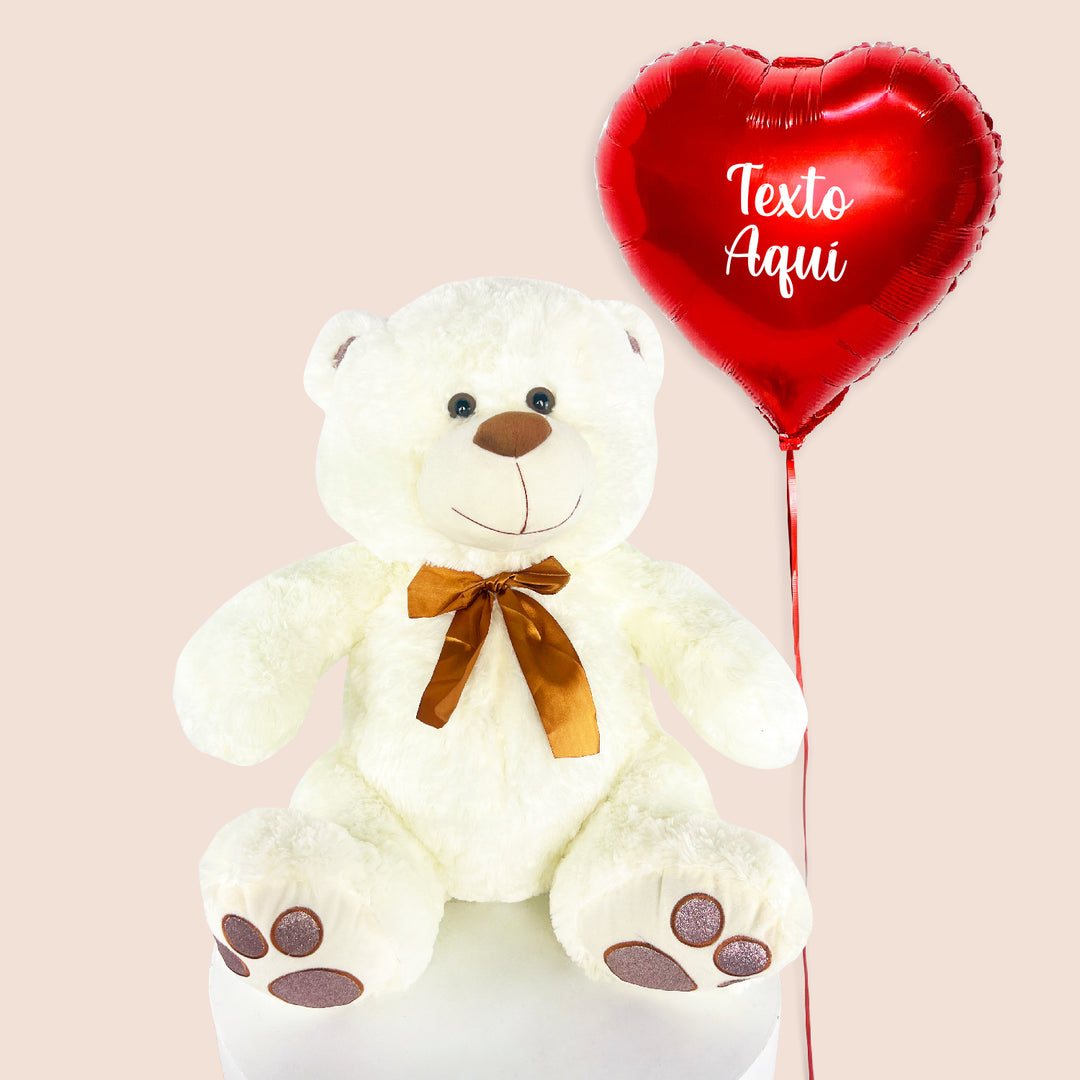 Oso de peluche de 60 cm con globo metálico de corazón rojo personalizado inflado con helio para regalo de San Valentín.